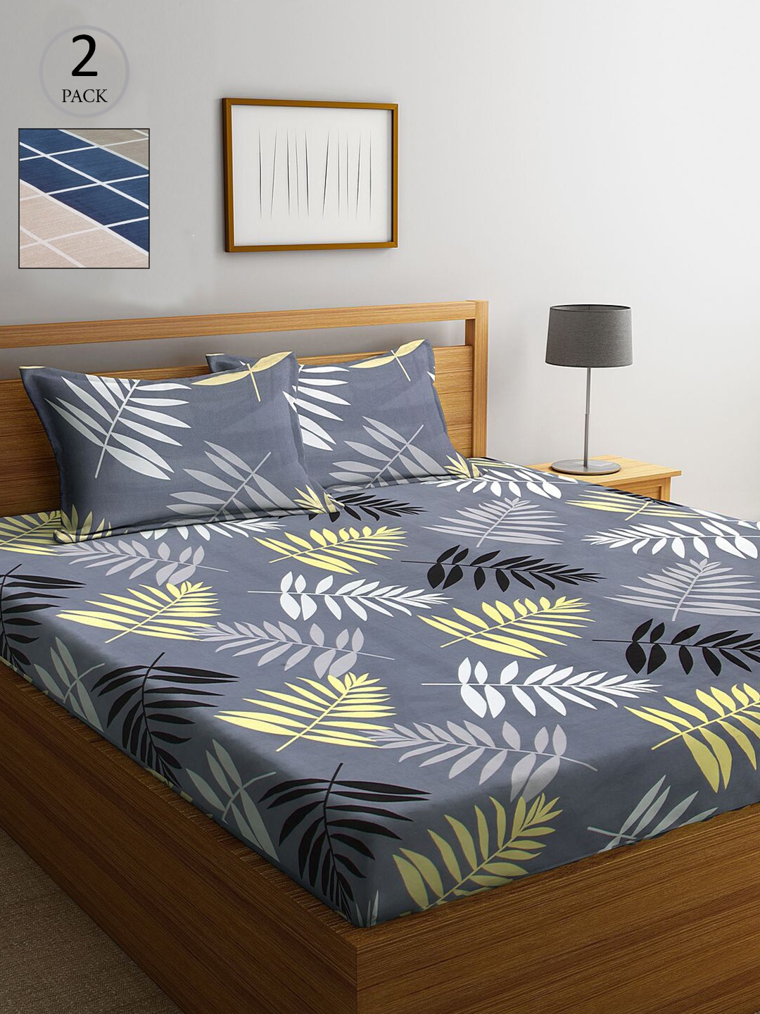 

KLOTTHE Pack of 2 Grey & Blue Floral 210 TC King Bedsheet with 4 Pillow Covers