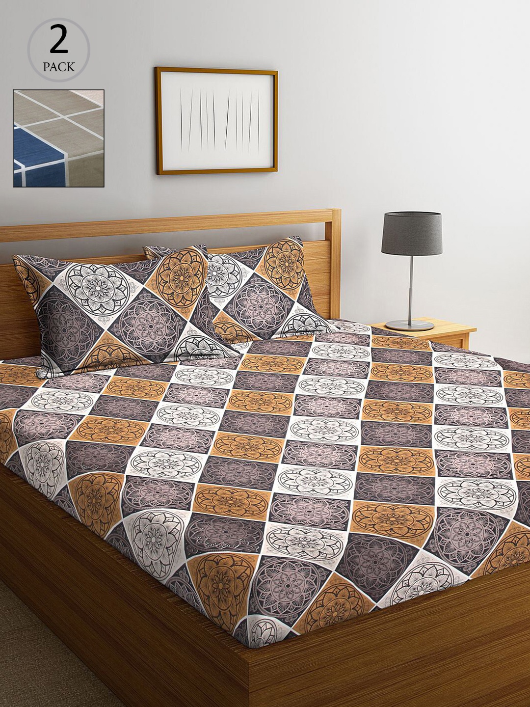 

KLOTTHE Pack of 2 Brown & Blue Floral 210 TC King Bedsheet with 4 Pillow Covers