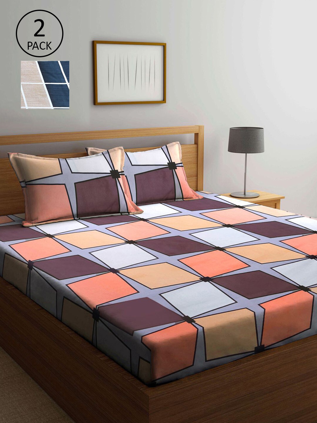 

KLOTTHE Pack of 2 Peach-Coloured & Blue 210 TC King Bedsheet with 4 Pillow Covers