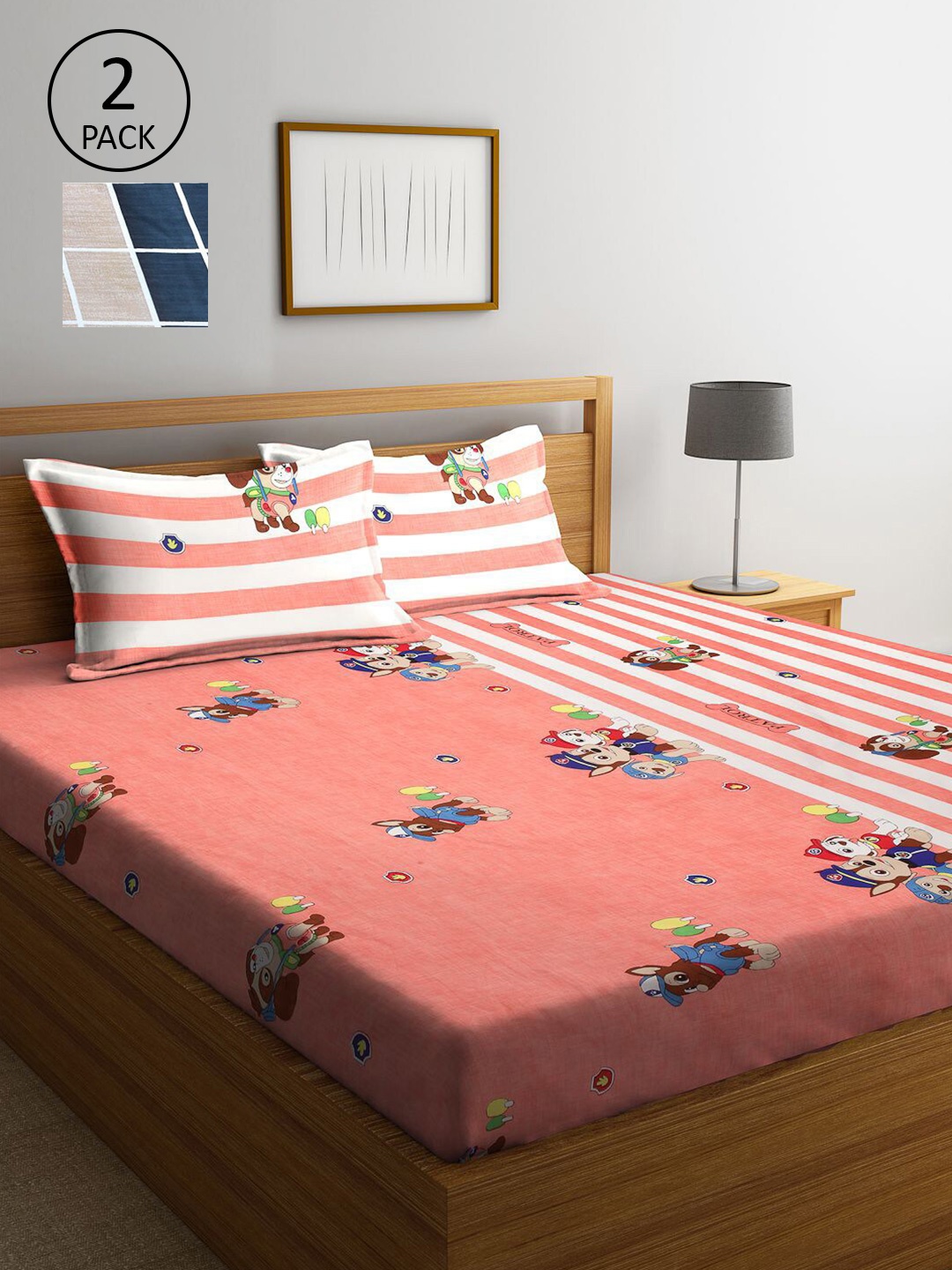 

KLOTTHE Pack of 2 Coral Cartoon Characters 210 TC 2 King Bedsheet with 4 Pillow Covers
