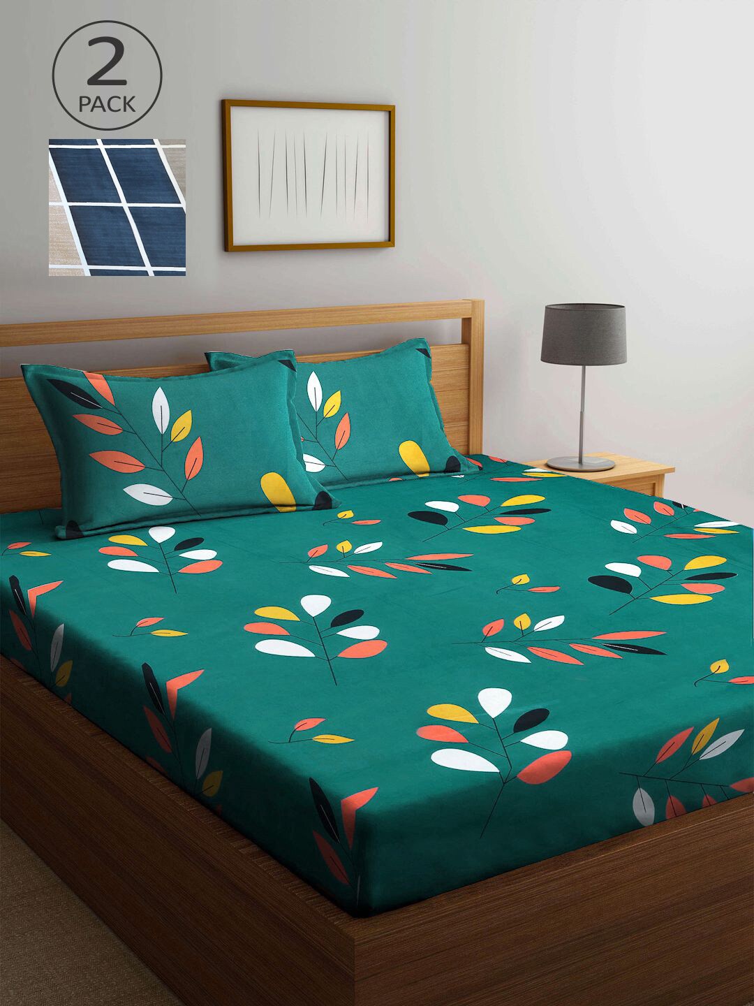 

KLOTTHE Pack of 2 Green & Blue Floral 210 TC 2 King Bedsheet with 4 Pillow Covers