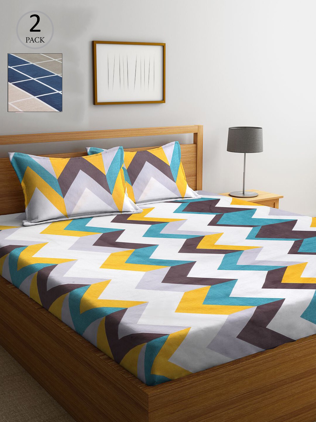 

KLOTTHE Pack of 2 Yellow & Blue Floral 210 TC 2 King Bedsheet with 4 Pillow Covers