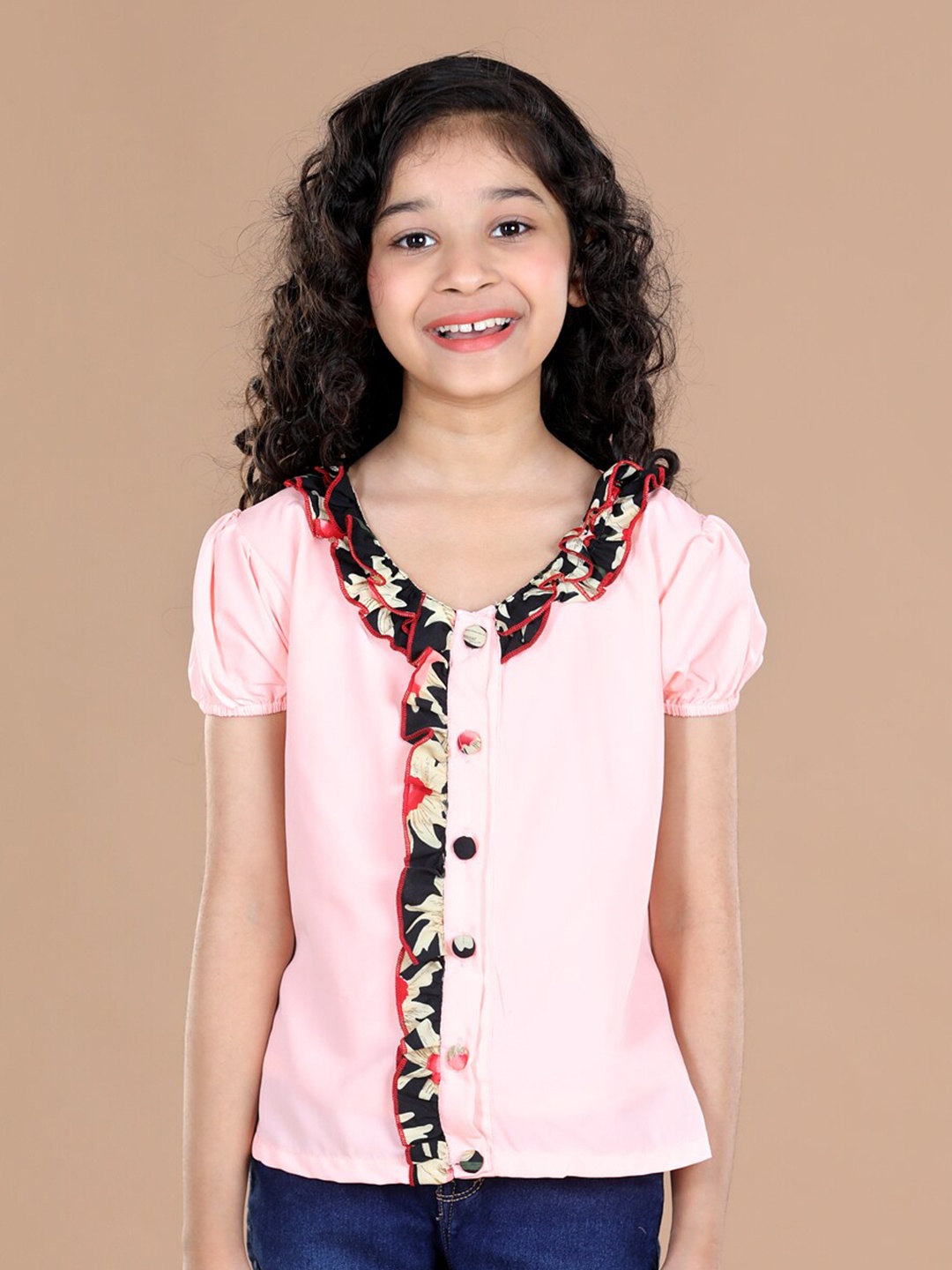 

Cutiekins Peach-Coloured Floral Ruffles Crepe Top