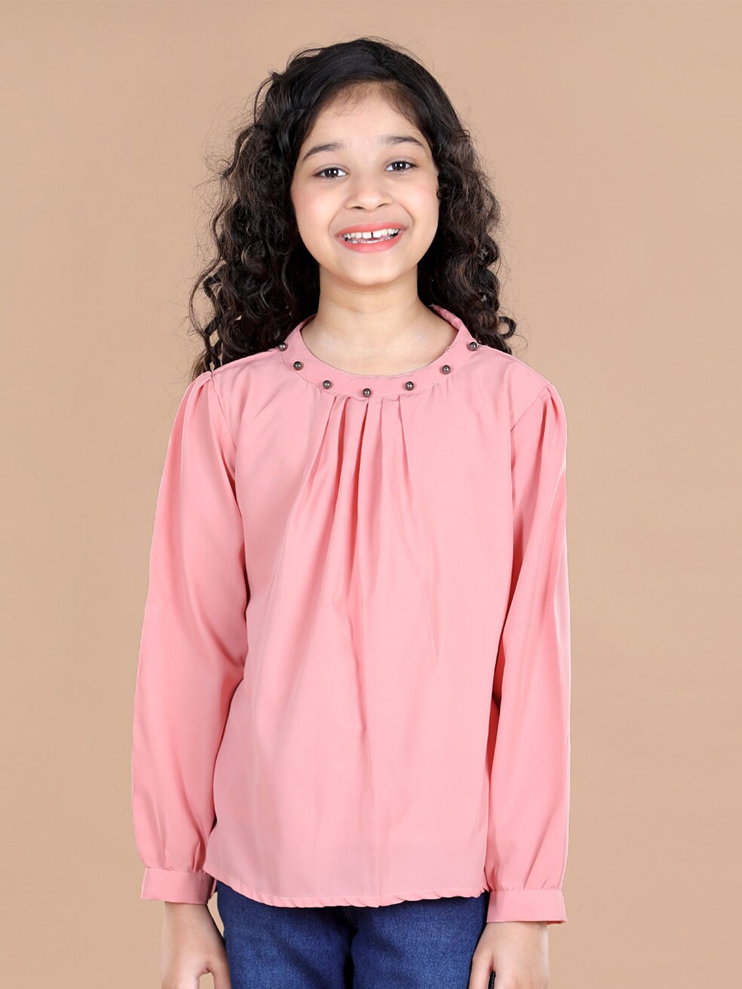 

Cutiekins Girls Peach-Coloured Crepe Pleated Top