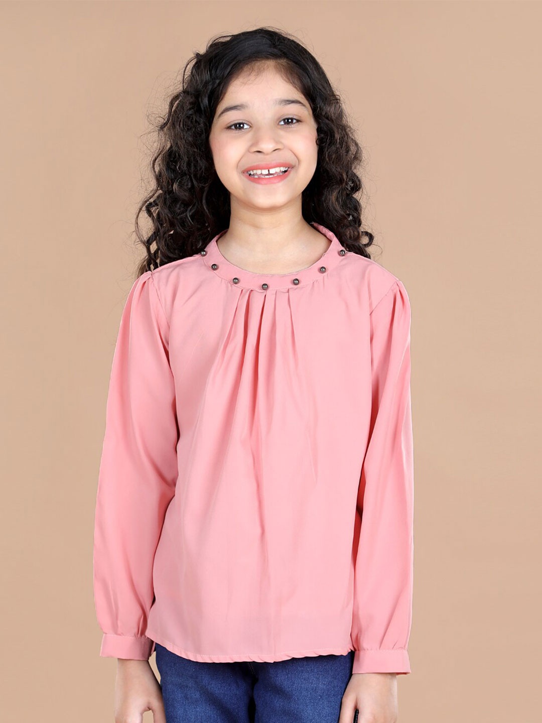 

Cutiekins Peach-Coloured Pearl Embellished Crepe Top