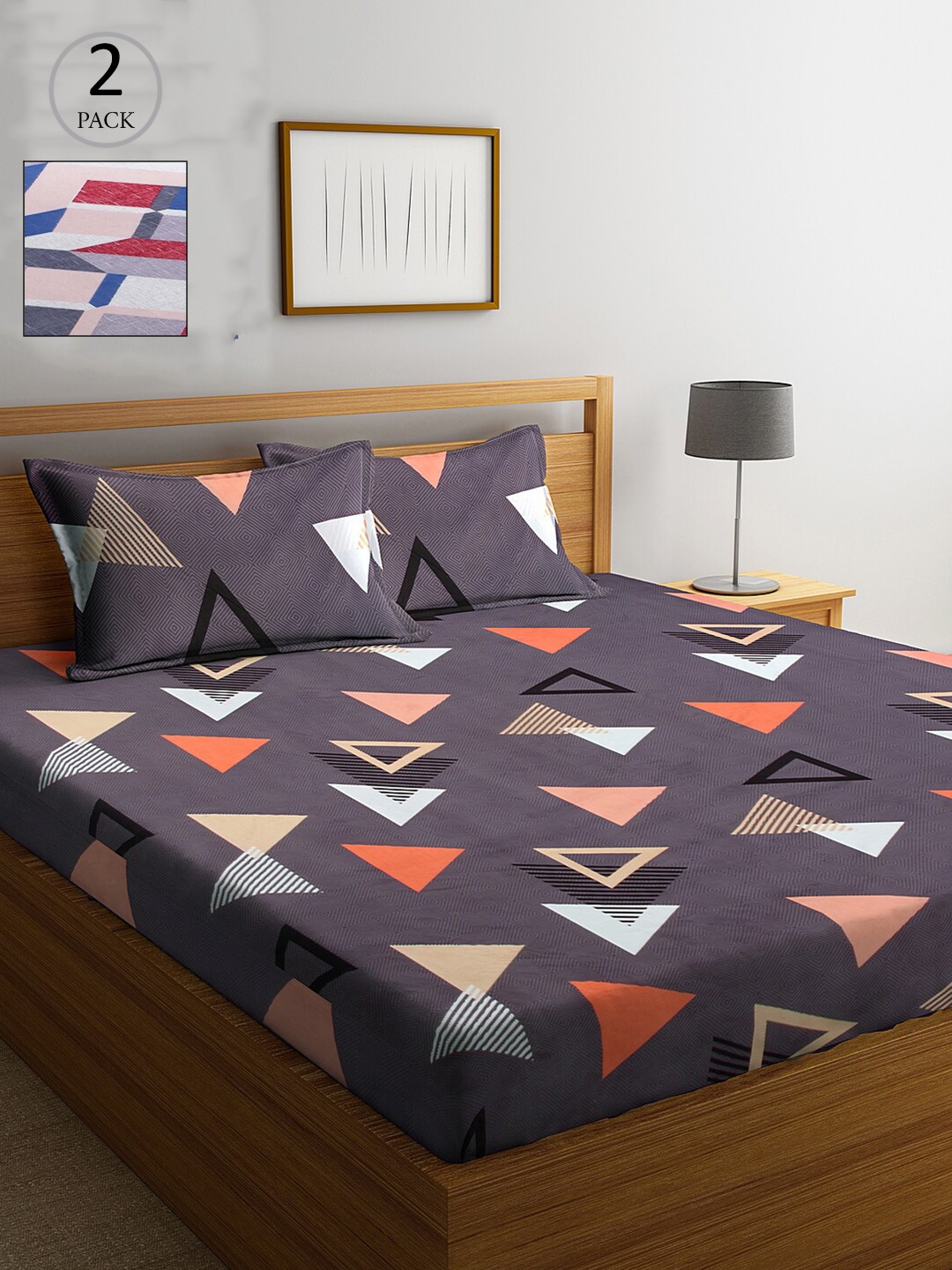 

KLOTTHE Grey & Peach-Coloured Geometric 210 TC 2 King Bedsheet with 4 Pillow Covers