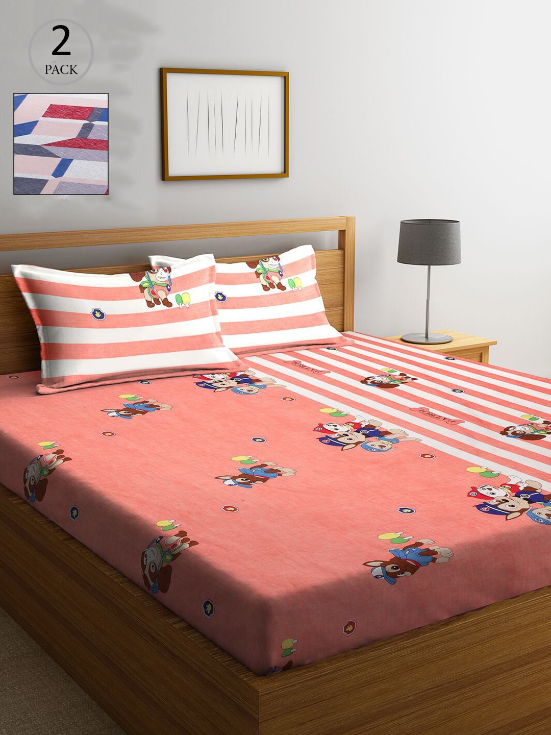 

KLOTTHE Peach-Coloured & Blue Cartoon Characters 210 TC 2 King Bedsheet with 4 Pillow Covers