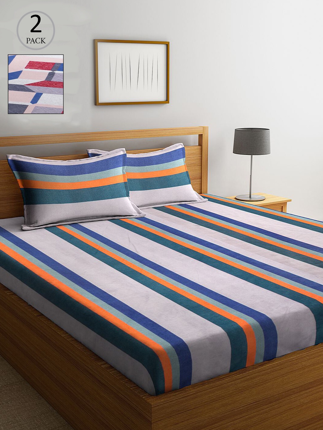 

KLOTTHE Off White & Blue Striped 210 TC 2 King Bedsheet with 4 Pillow Covers