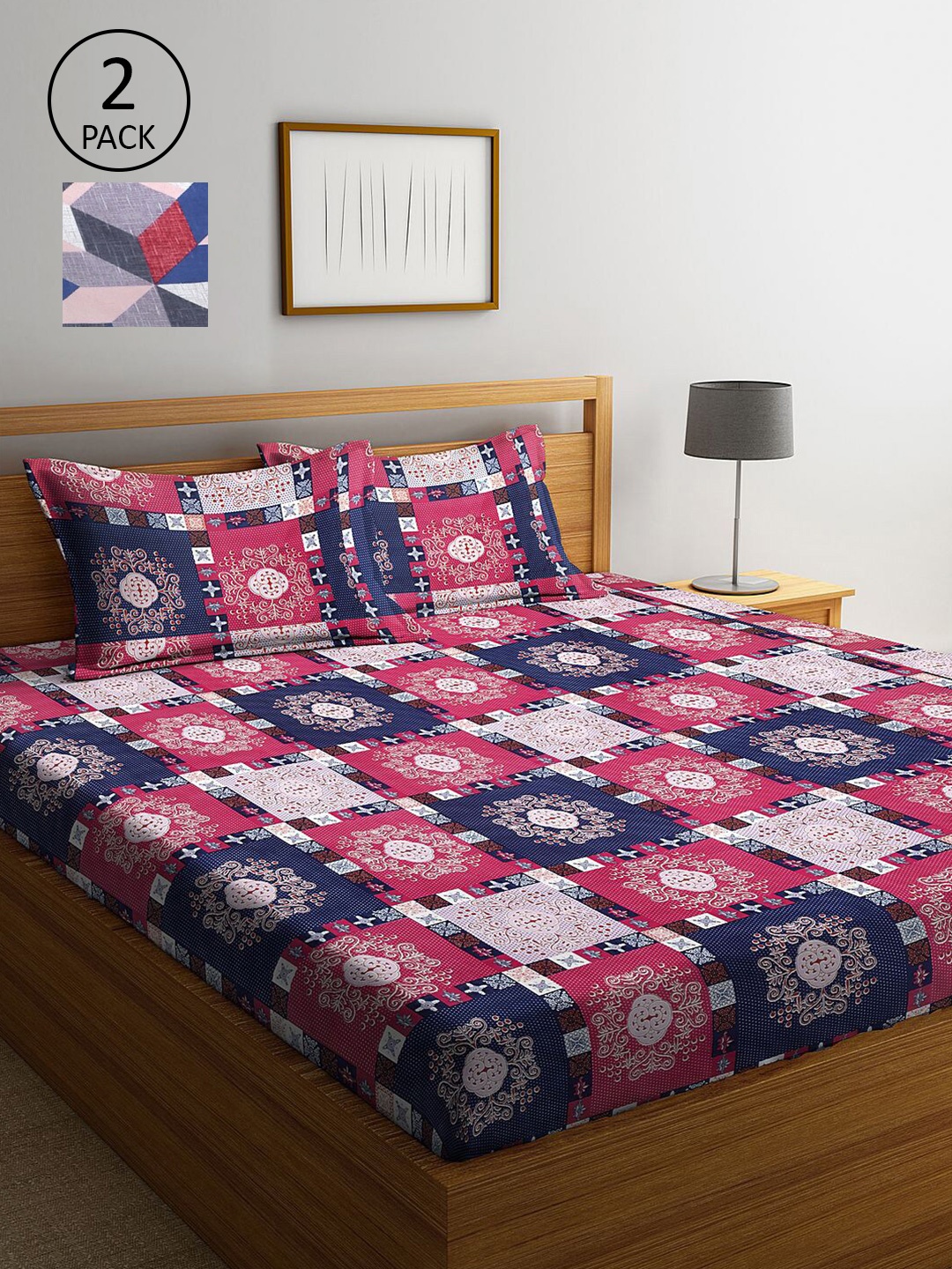 

KLOTTHE Pink & Blue Geometric 210 TC 2 King Bedsheet with 4 Pillow Covers