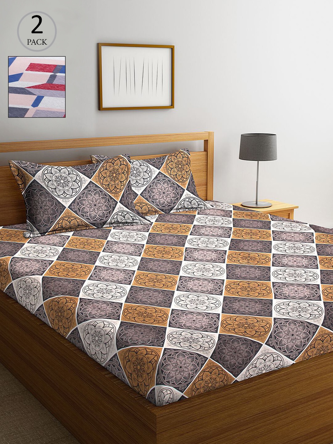 

KLOTTHE Brown & Blue Geometric 210 TC 2 King Bedsheet with 4 Pillow Covers