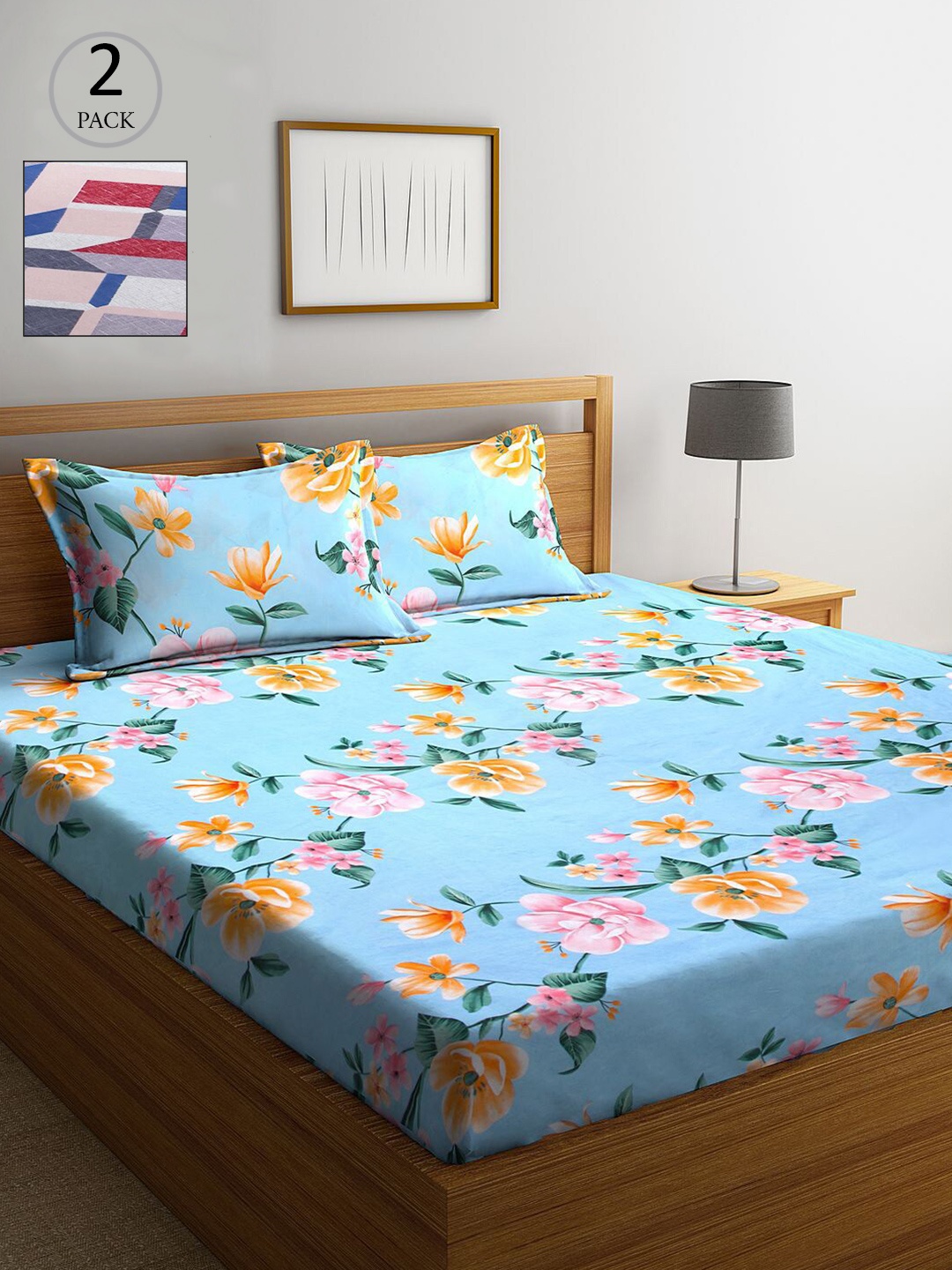 

KLOTTHE Blue & Pink Floral 210 TC 2 King Bedsheet with 4 Pillow Covers