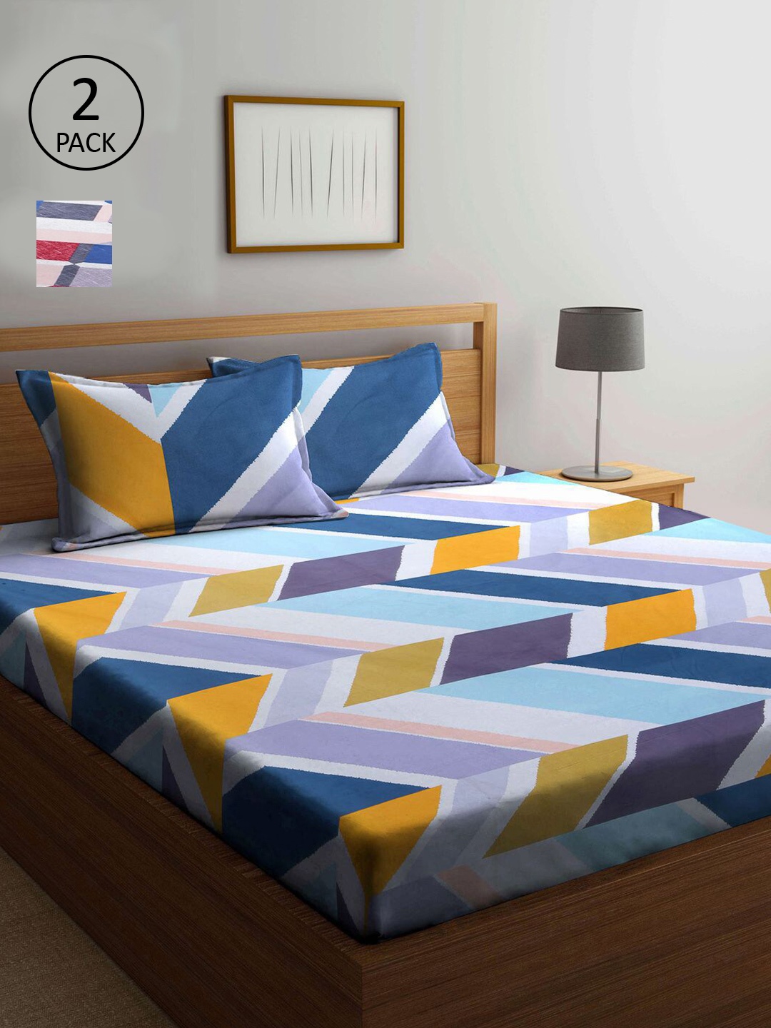 

KLOTTHE Blue & Yellow Geometric 210 TC 2 King Bedsheet with 4 Pillow Covers