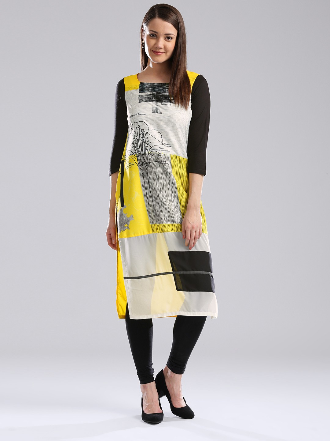 

W Women Yellow & Black Printed Straight Kurta