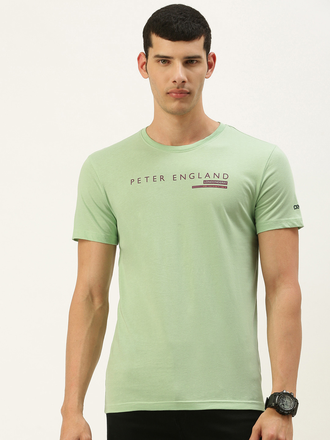

Peter England Men Light Green Brand Logo Printed Casual T-shirt