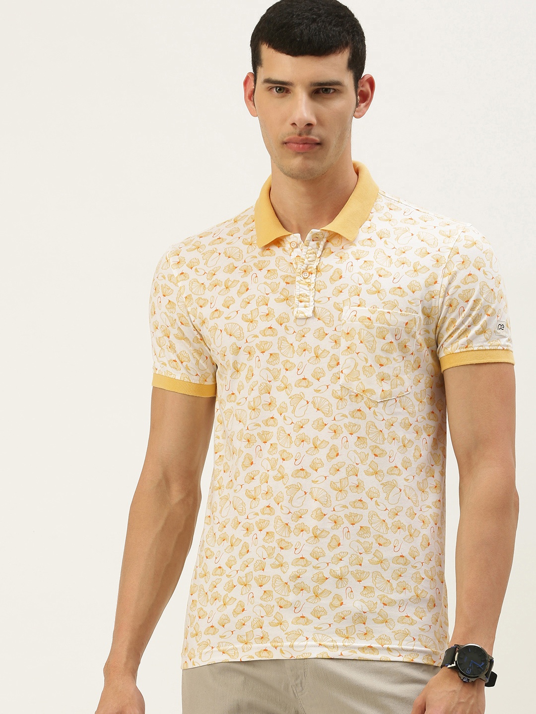

Peter England Men White & Yellow Floral Printed Polo Collar Pure Cotton T-shirt
