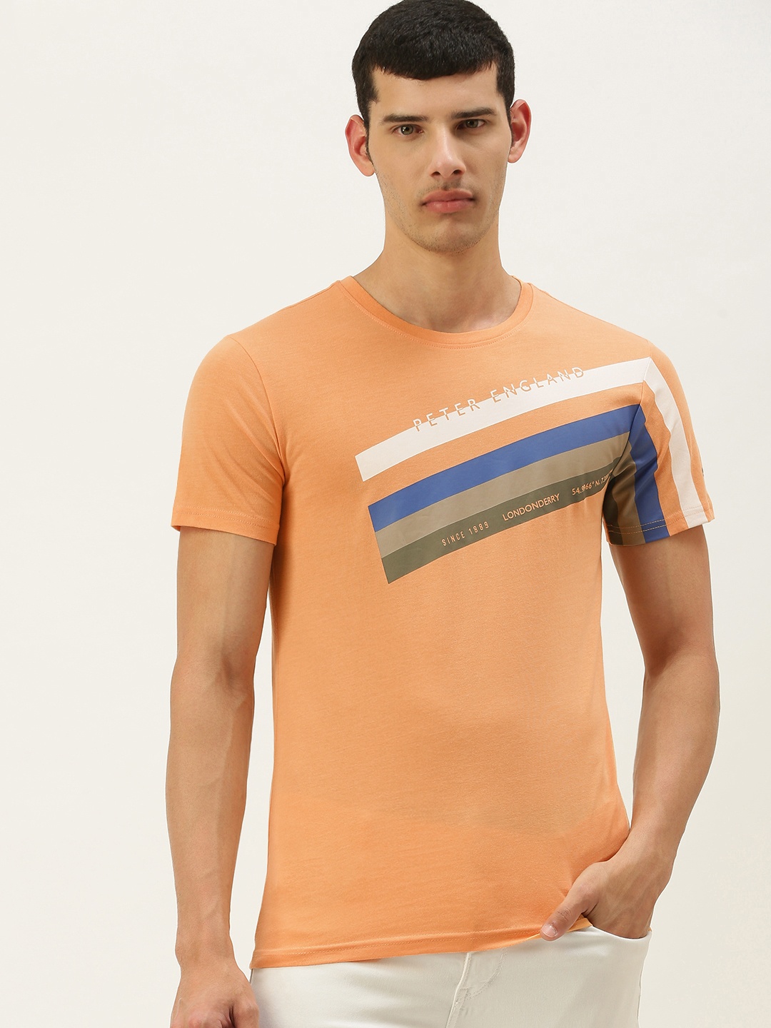 

Peter England Men Peach Orange Printed Casual T-shirt