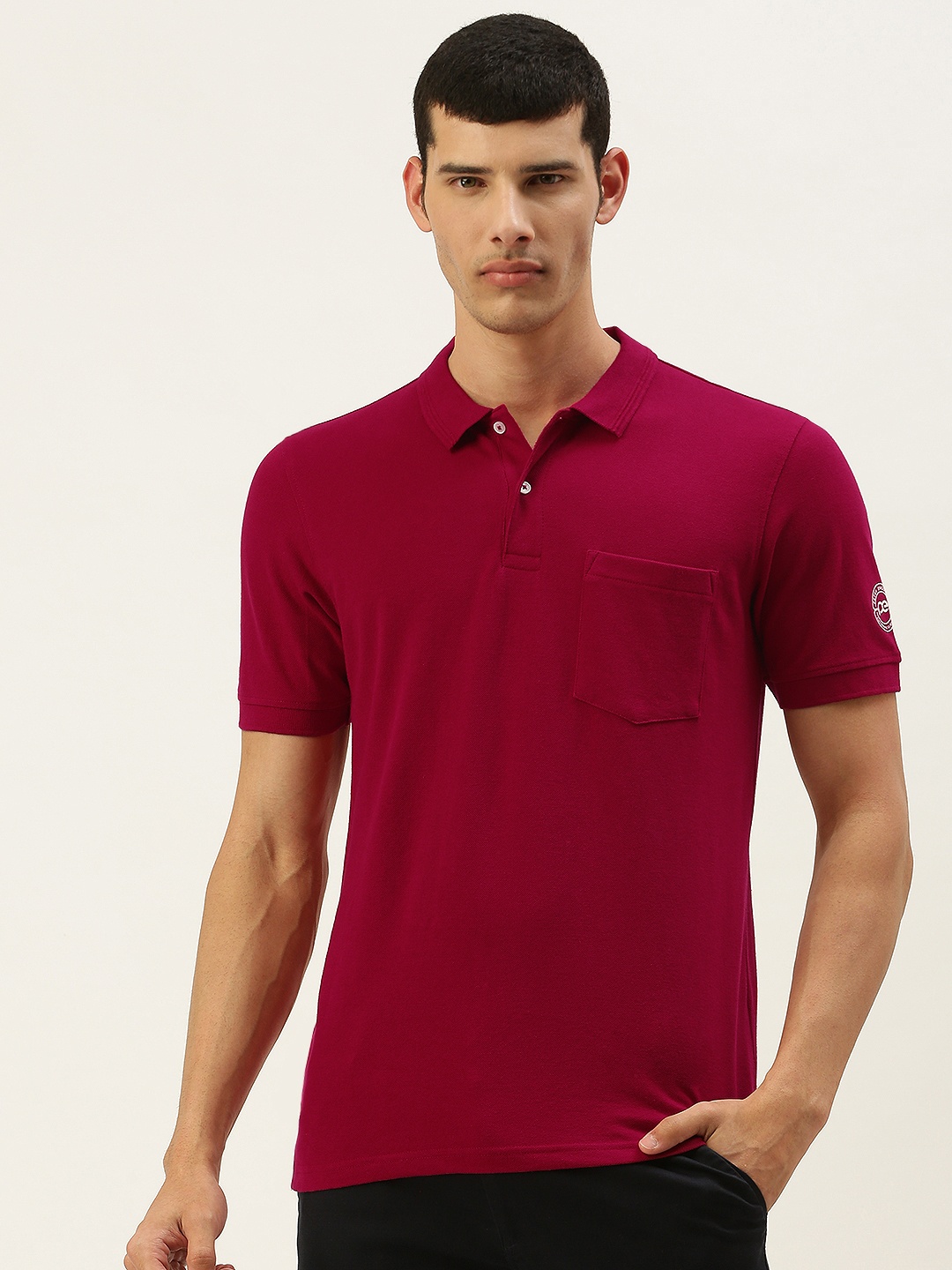 

Peter England Men Red Self Design Polo Collar T-shirt