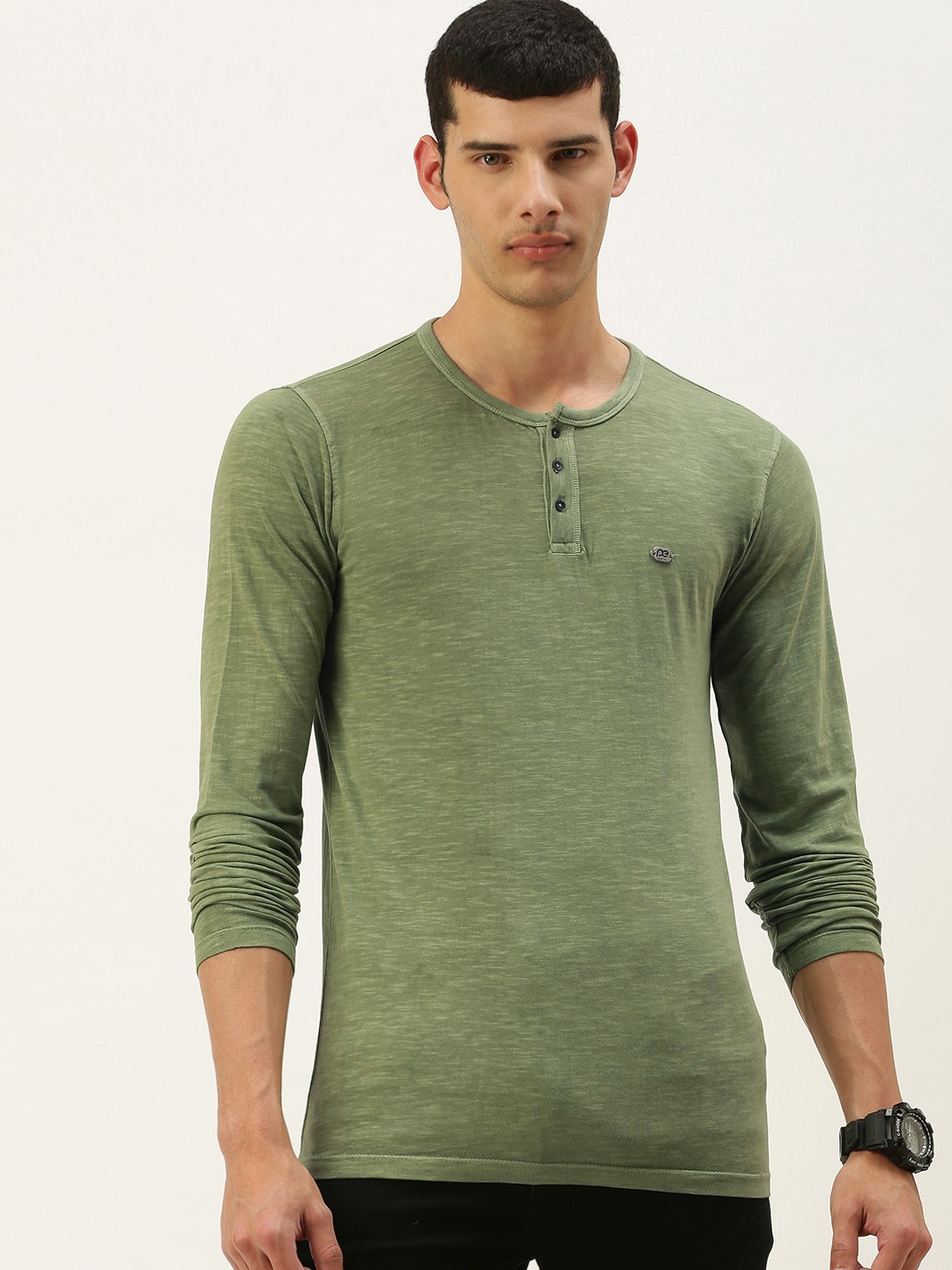 

Peter England Men Green Melange Effect Henley Neck Pure Cotton T-shirt