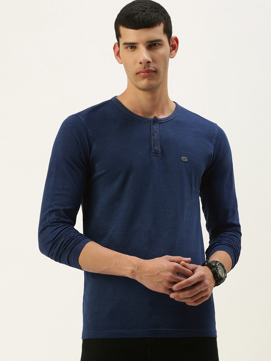

Peter England Men Navy Blue Henley Neck Pure Cotton T-shirt