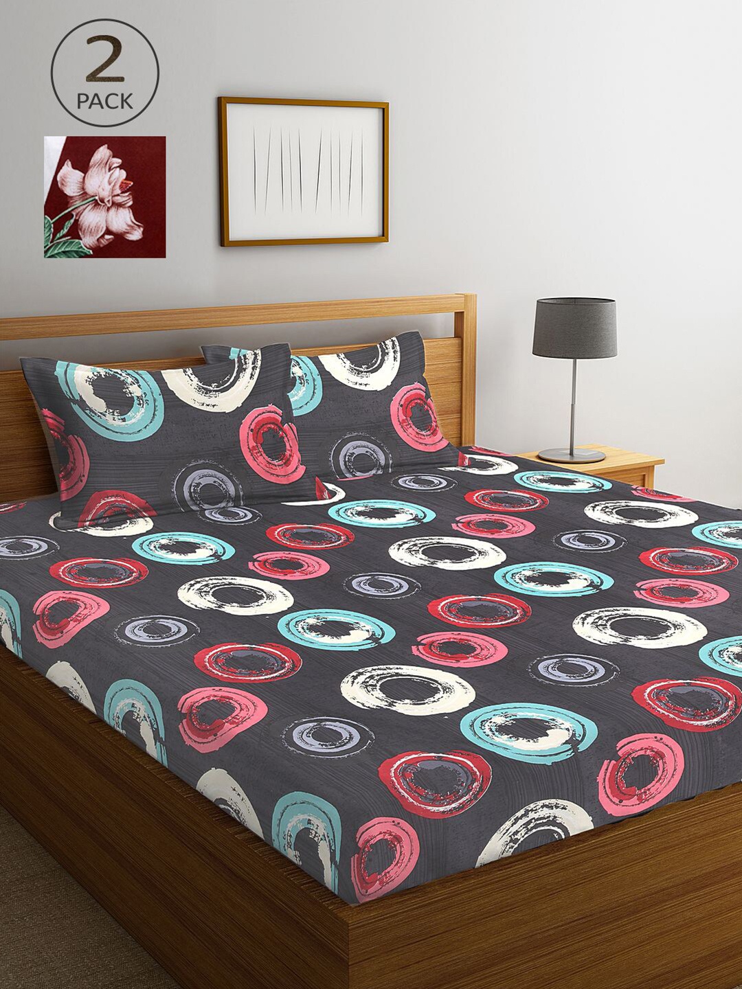 

KLOTTHE Grey & Brown Geometric 210 TC 2 King Bedsheet with 4 Pillow Covers