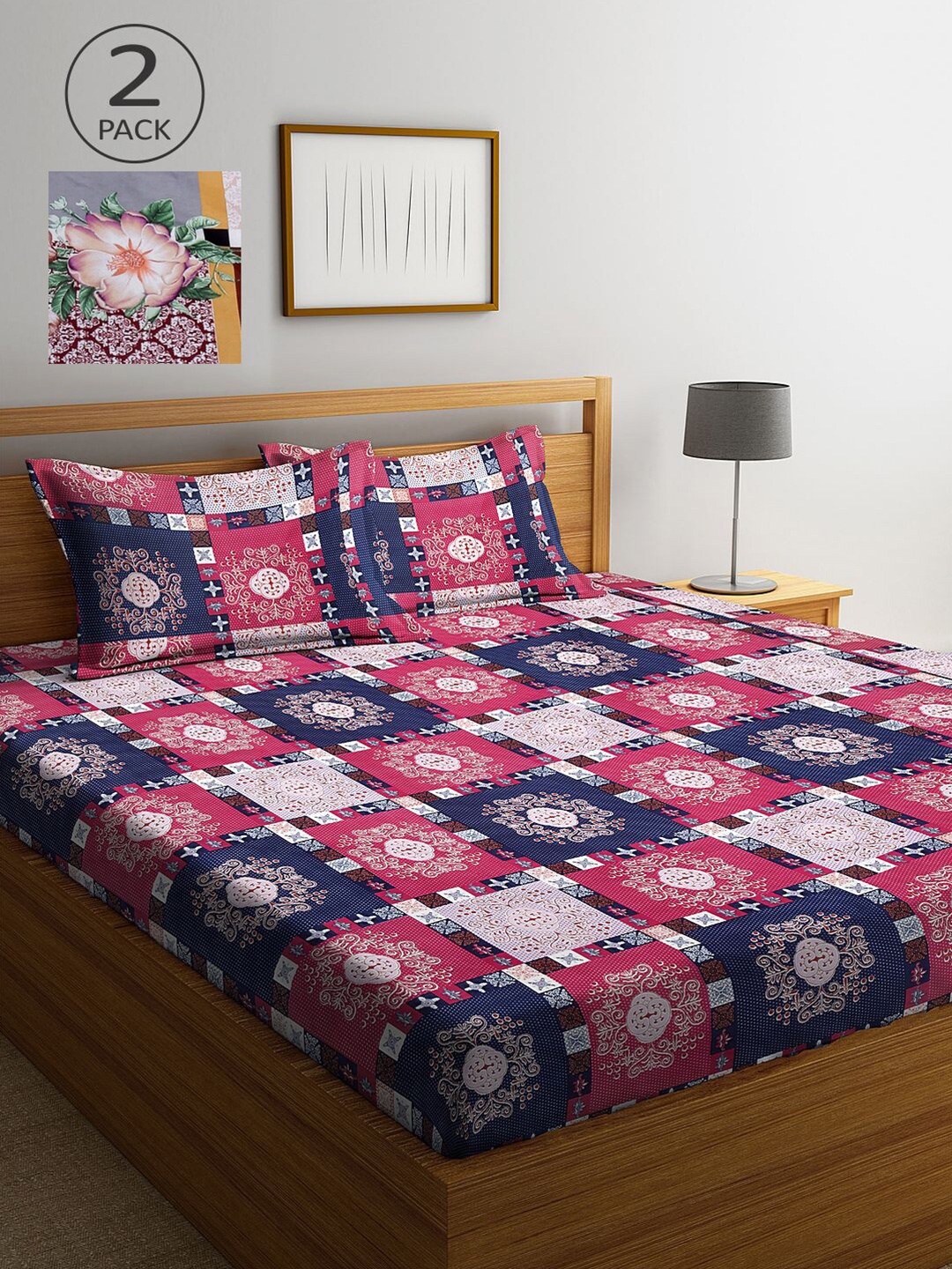 

KLOTTHE Pink & Blue Geometric 210 TC 2 King Bedsheet with 4 Pillow Covers