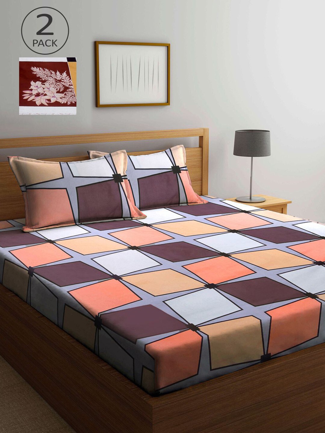 

KLOTTHE Pink & Brown Geometric 210 TC 2 King Bedsheet with 4 Pillow Covers