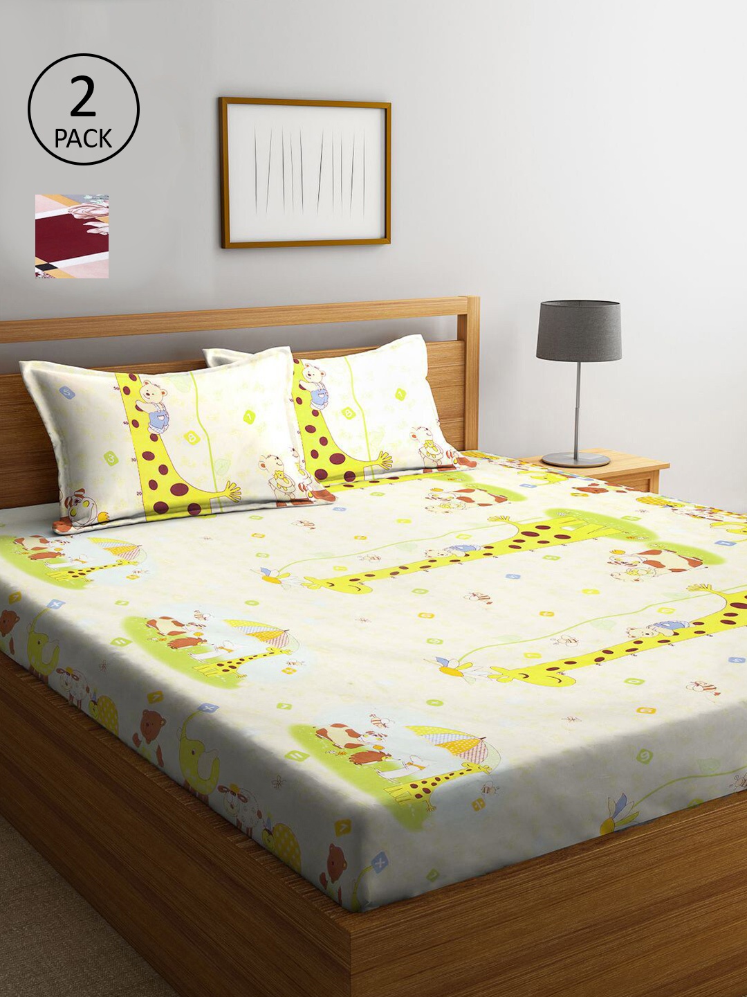 

KLOTTHE Cream-Coloured & Yellow Cartoon Characters 210 TC 2 King Bedsheet with 4 Pillow Covers