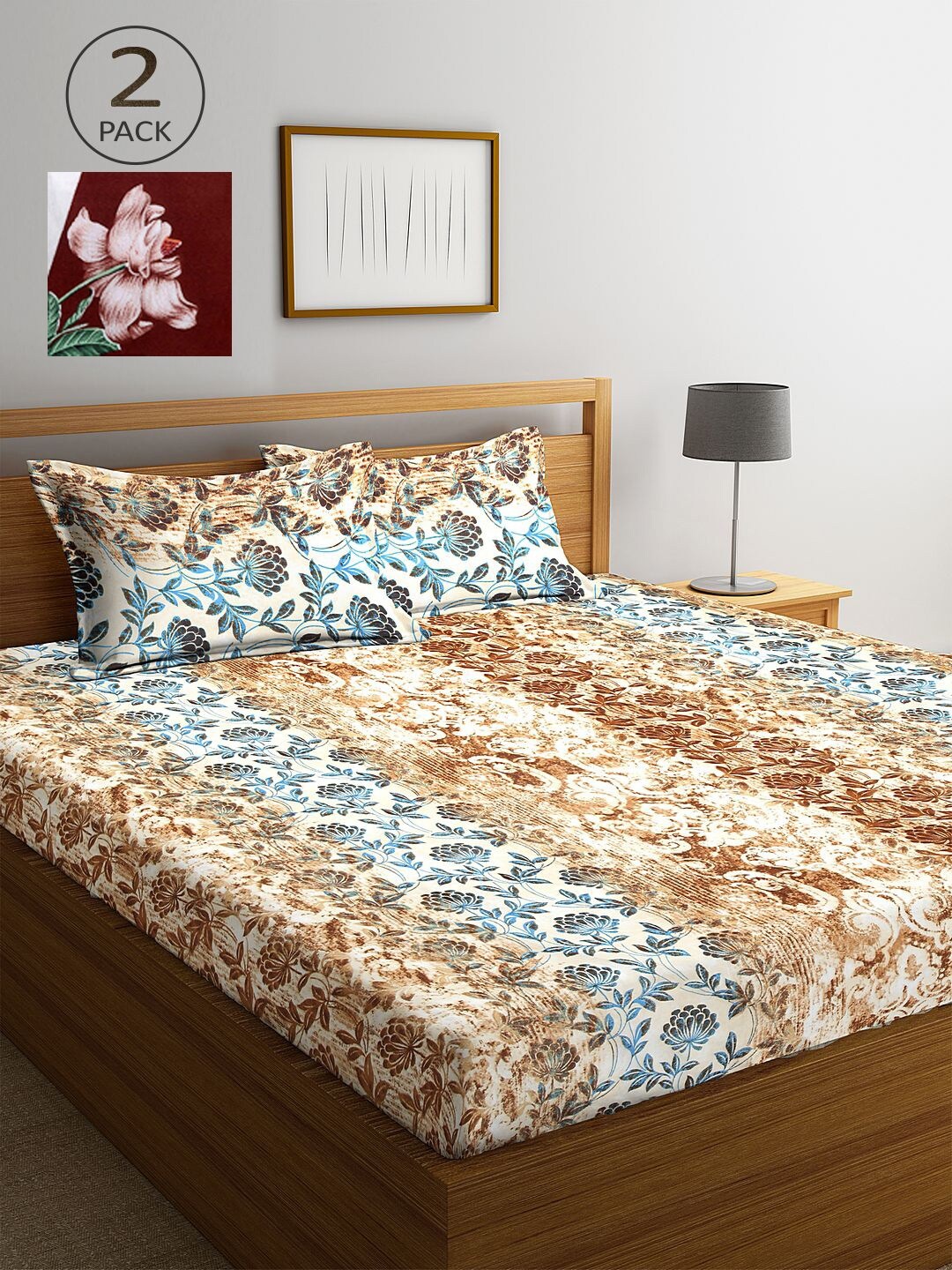 

KLOTTHE Beige & Blue Floral 210 TC 2 King Bedsheet with 4 Pillow Covers