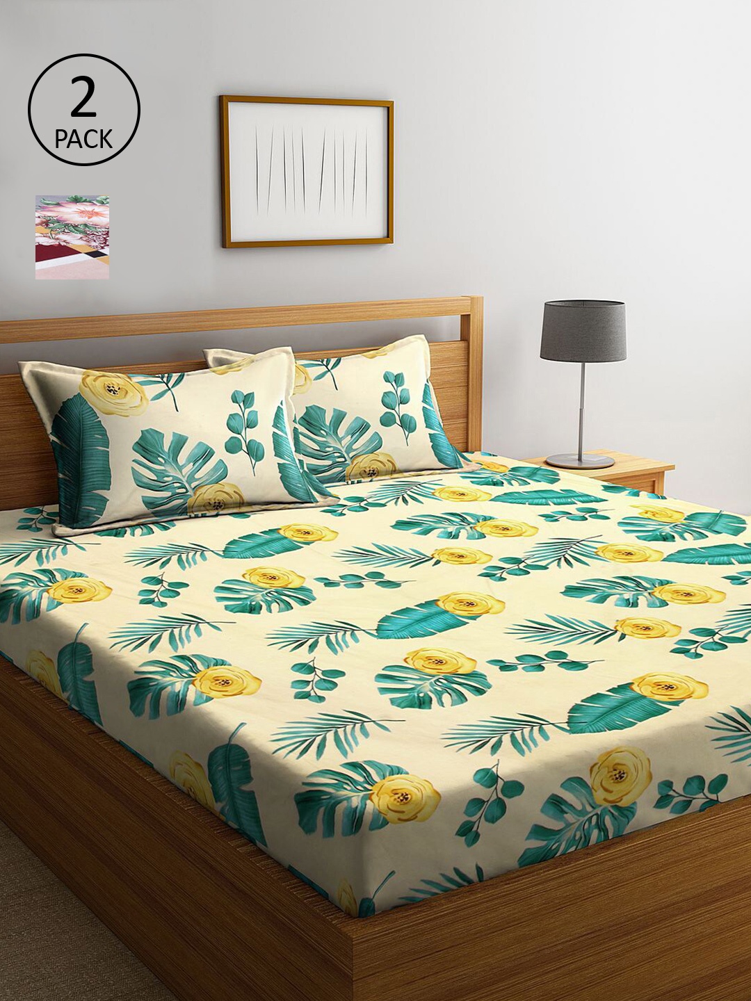 

KLOTTHE Yellow & Green Floral 210 TC 2 King Bedsheet with 4 Pillow Covers