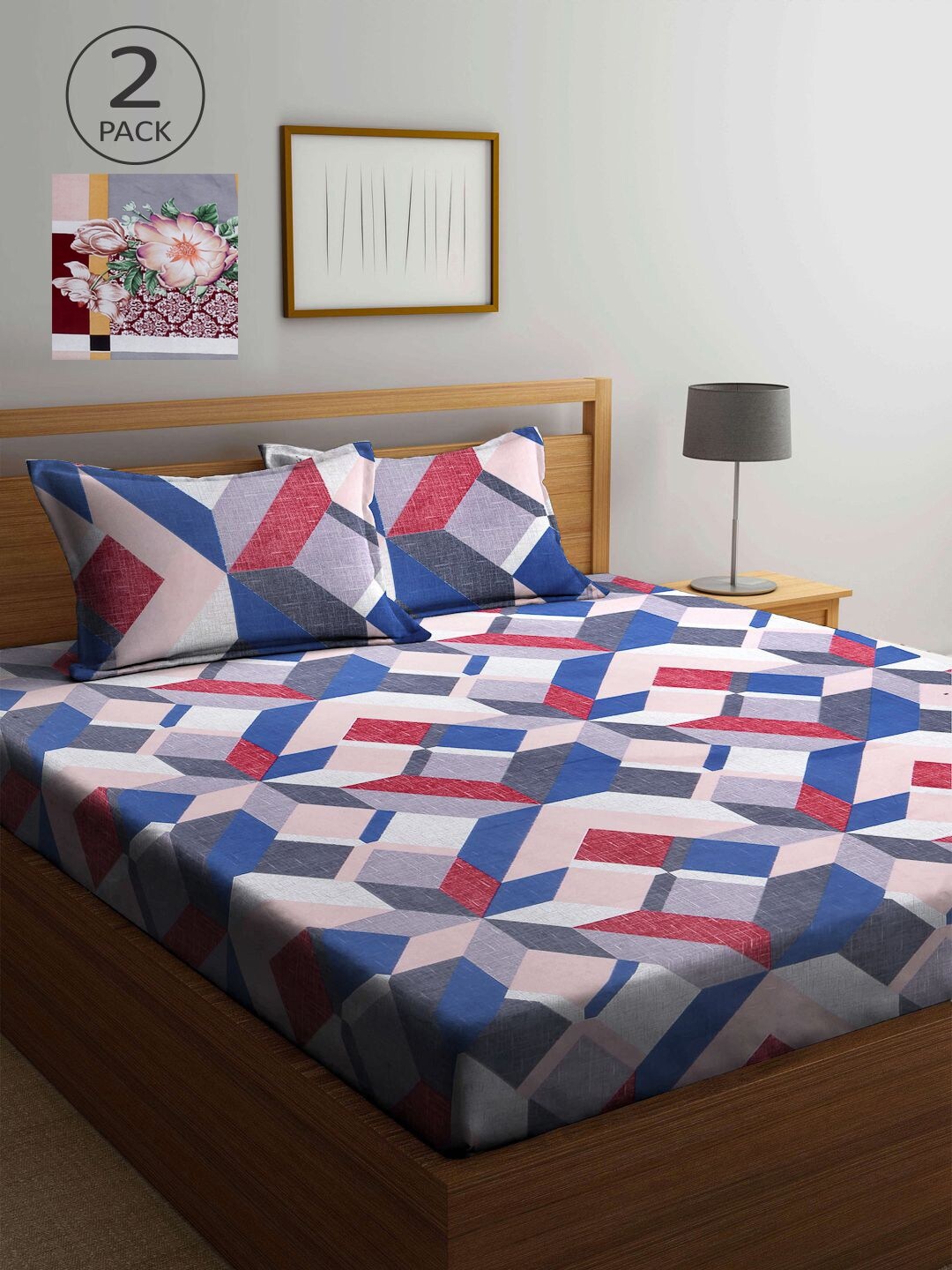 

KLOTTHE Blue & Pink Geometric 210 TC 2 King Bedsheet with 4 Pillow Covers