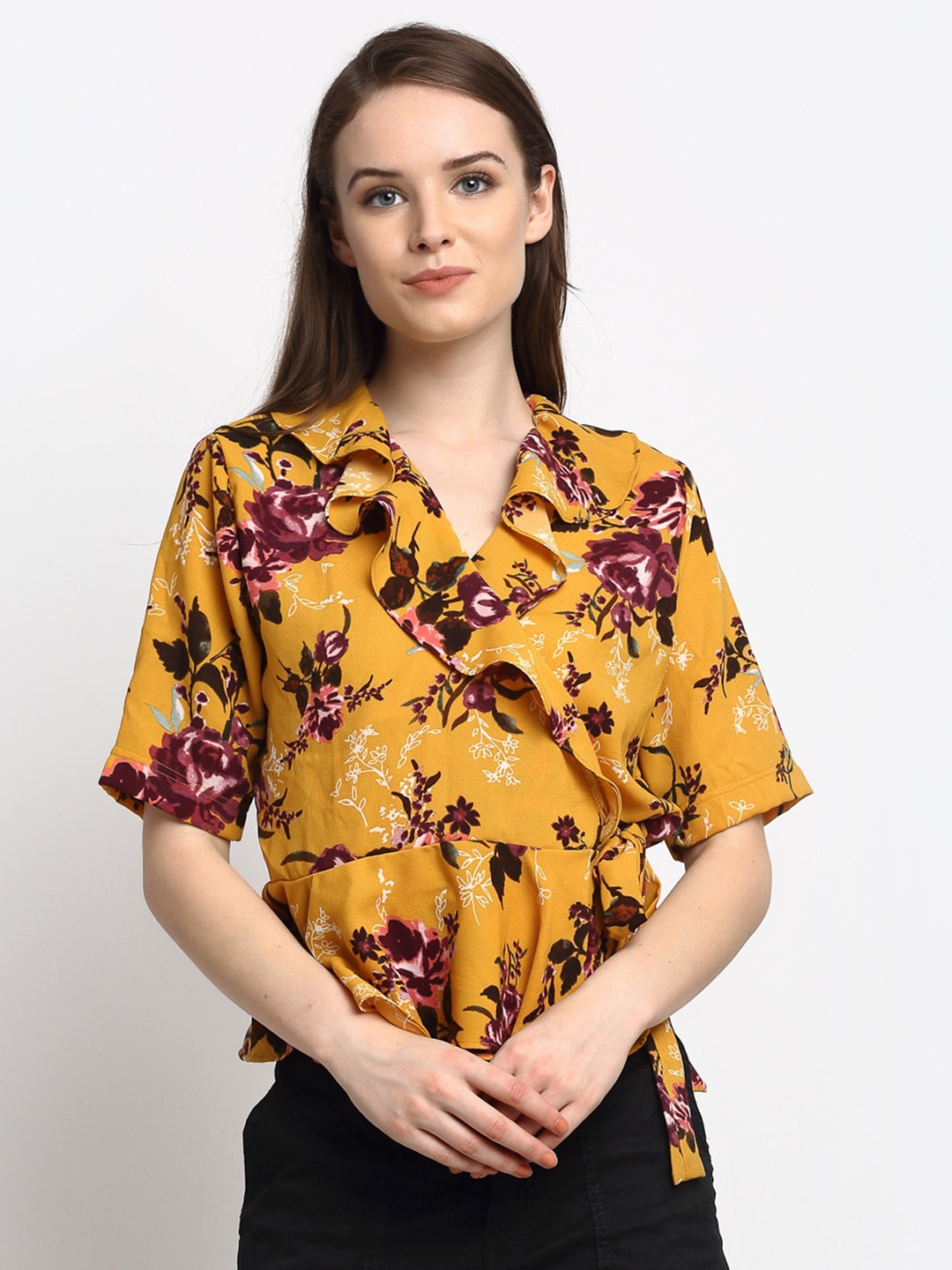 

Just Wow Mustard Yellow Floral Print Crepe Wrap Top