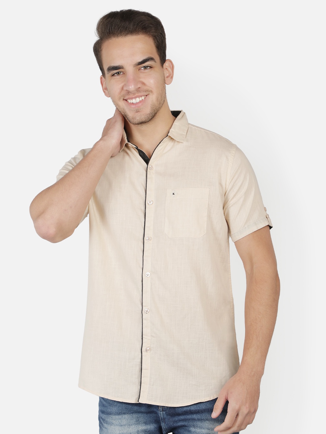 

Kuons Avenue Men Beige Smart Slim Fit Cotton Linen Casual Shirt