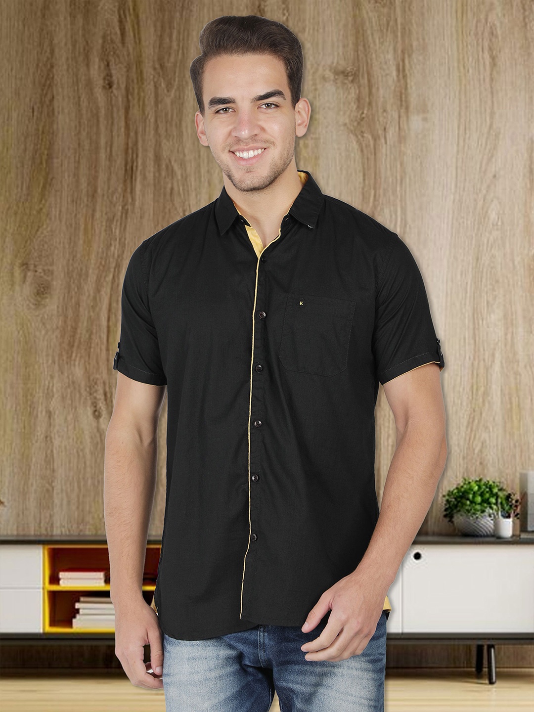 

Kuons Avenue Men Black Smart Slim Fit Cotton Linen Casual Shirt