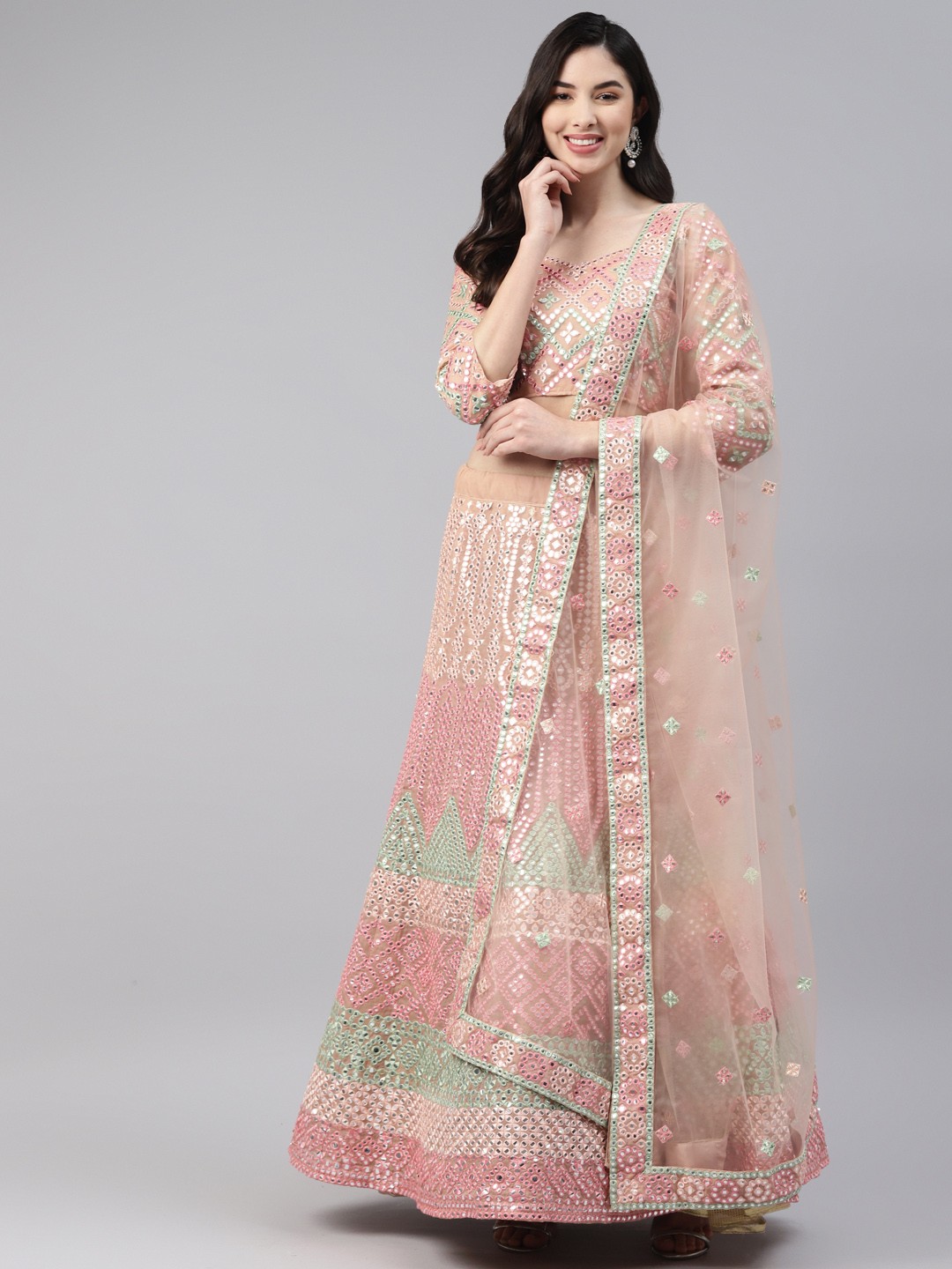

Readiprint Fashions Peach-Coloured & Sea Green Unstitched Lehenga & Blouse With Dupatta