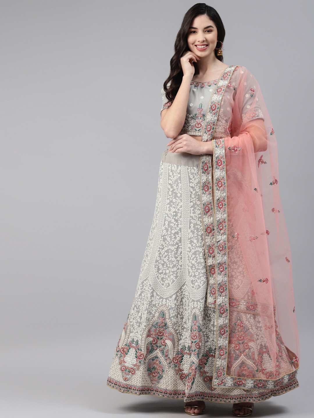 

Readiprint Fashions Grey & Peach-Coloured Unstitched Lehenga & Blouse With Dupatta