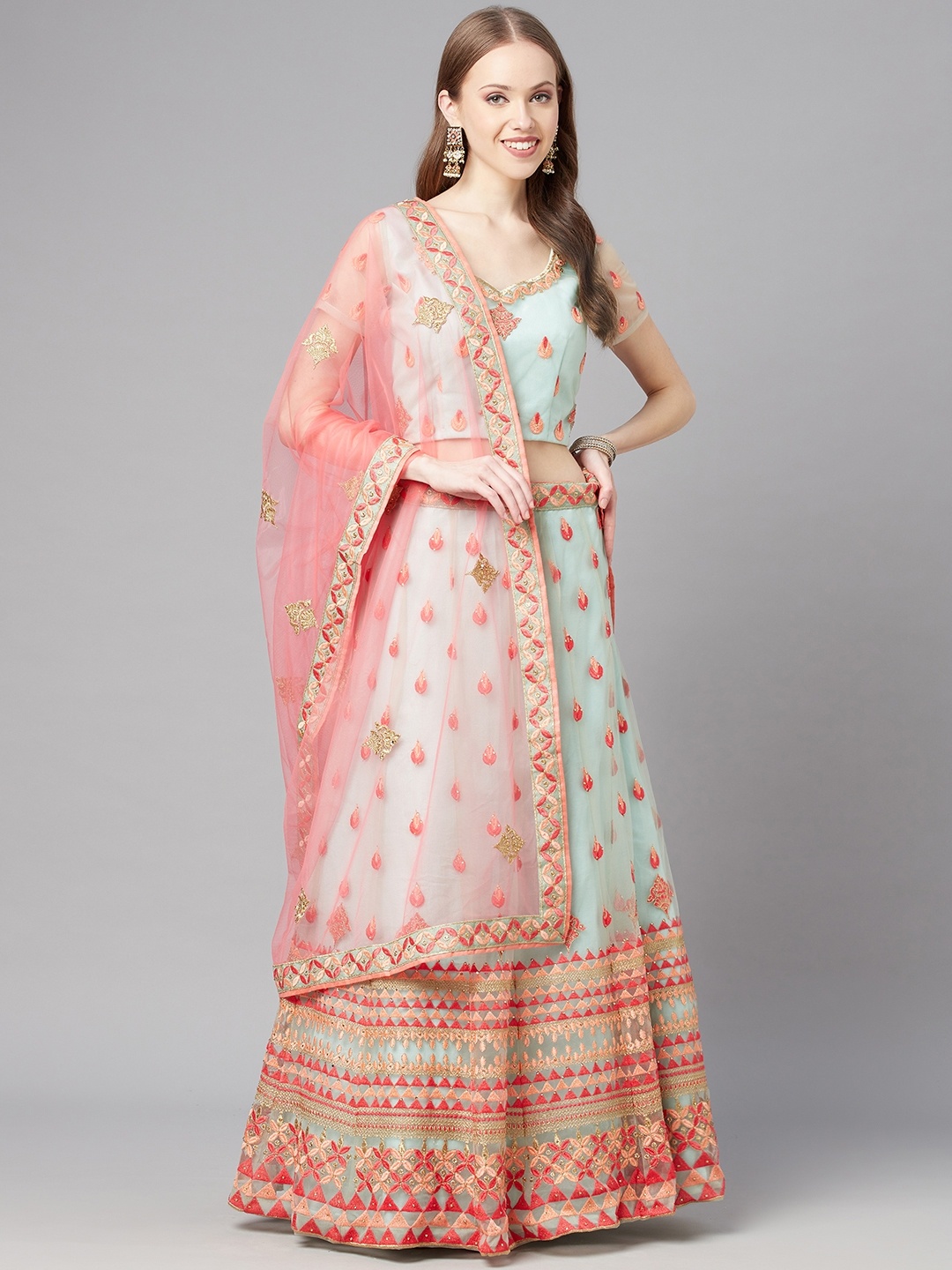 

Readiprint Fashions Sea Green Embroidered Unstitched Lehenga & Blouse With Dupatta