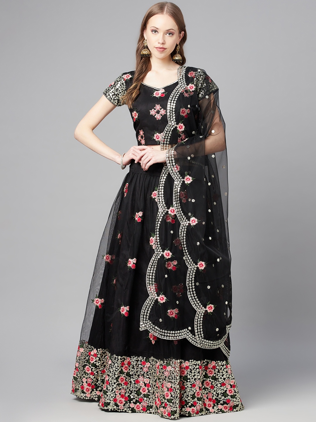 

Readiprint Fashions Black Embroidered Unstitched Lehenga & Blouse With Dupatta