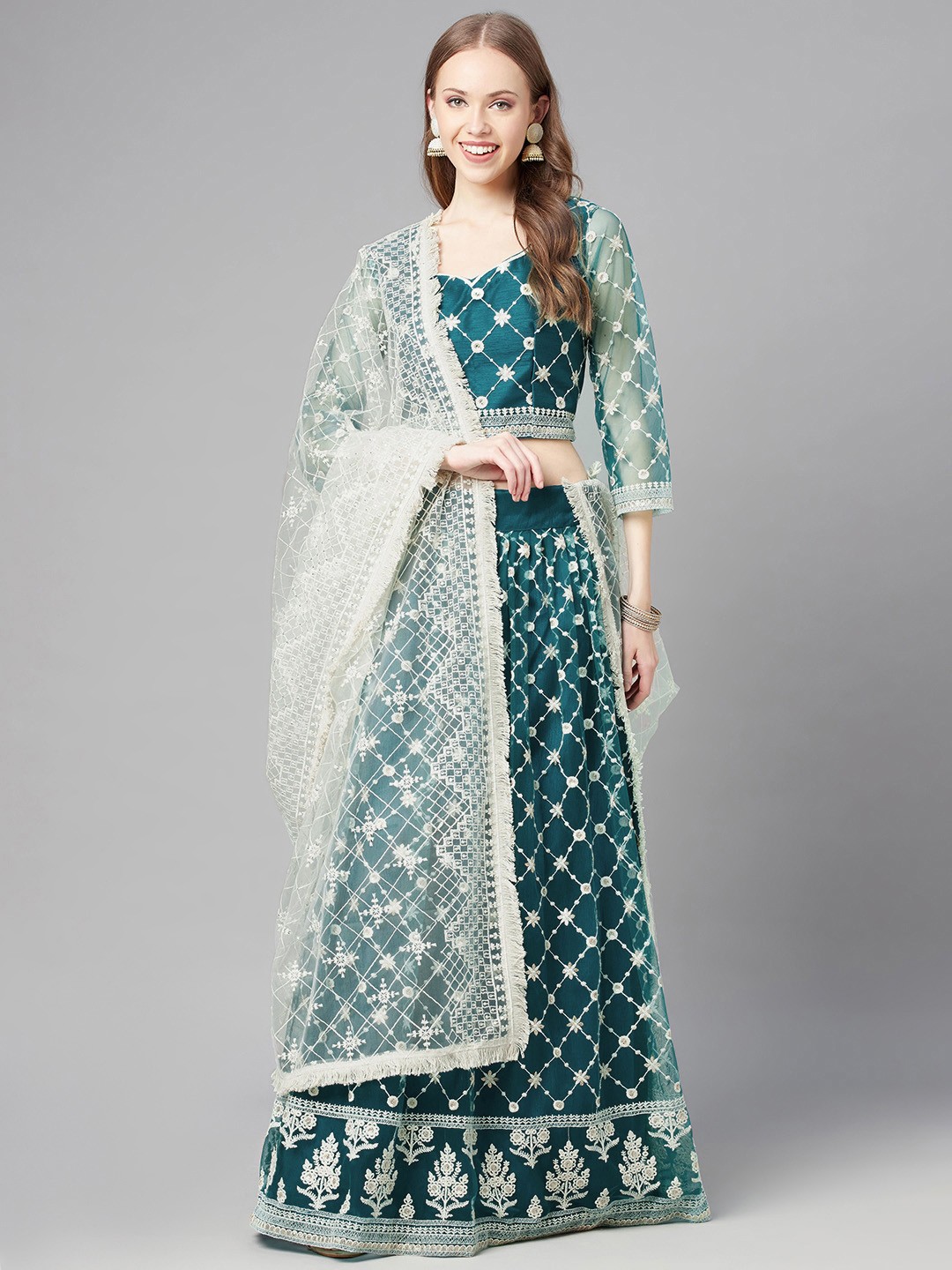 

Readiprint Fashions Teal & White Embroidered Sequinned Unstitched Lehenga & Blouse With Dupatta