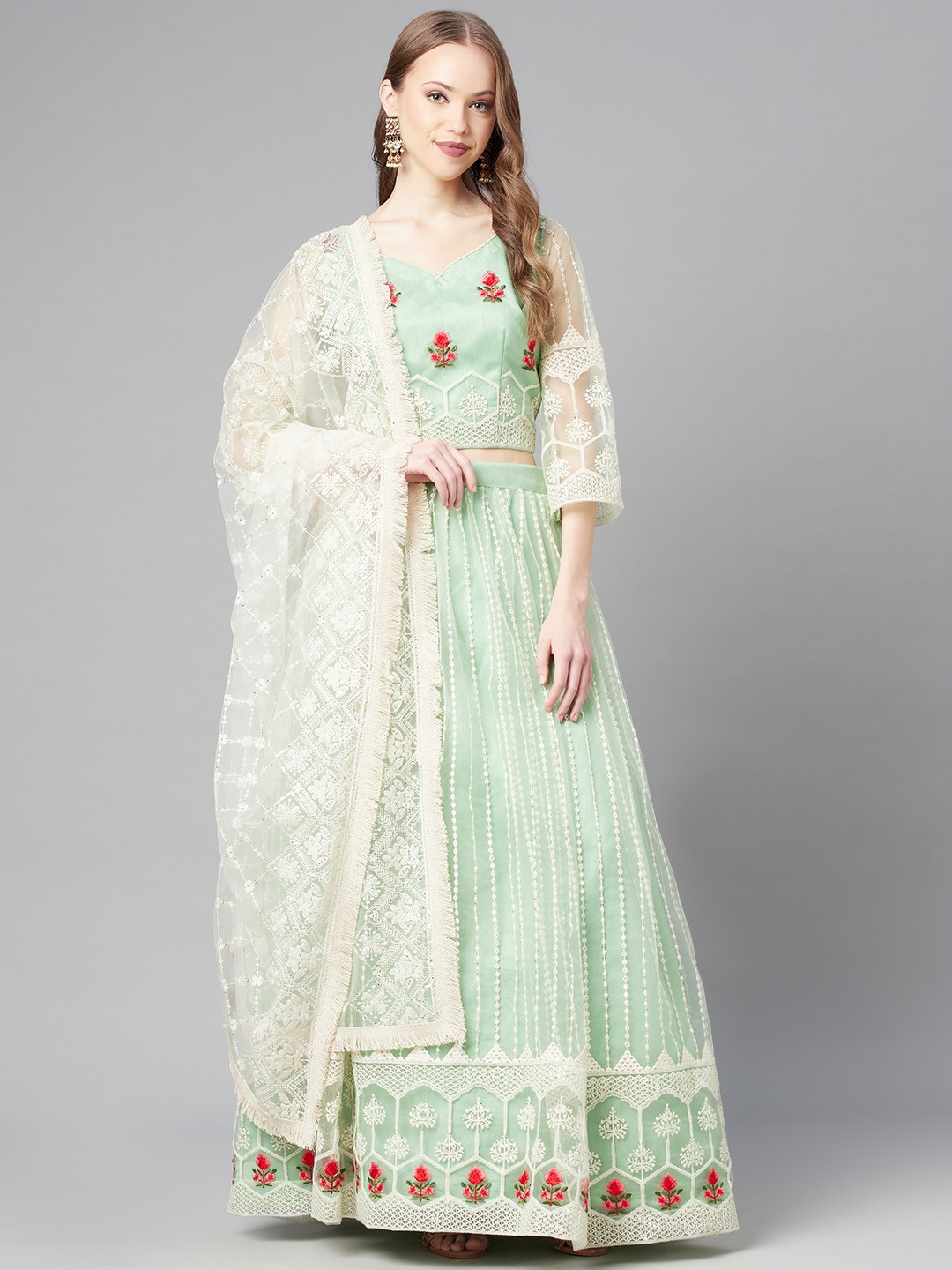 

Readiprint Fashions Sea Green & White Embroidered Sequinned Unstitched Lehenga & Blouse With Dupatta