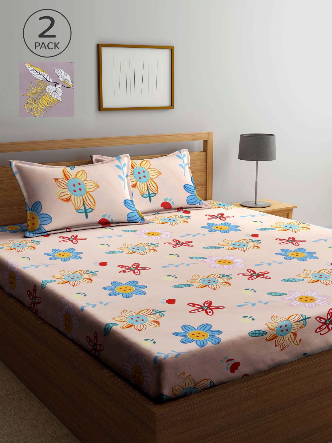 

KLOTTHE Mauve & Peach-Coloured Floral 210 TC 2 King Bedsheet with 4 Pillow Covers