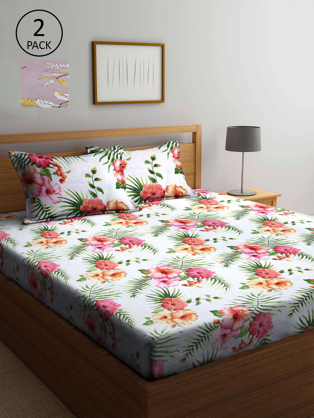 

KLOTTHE White & Purple Floral 210 TC 2 King Bedsheet with 4 Pillow Covers