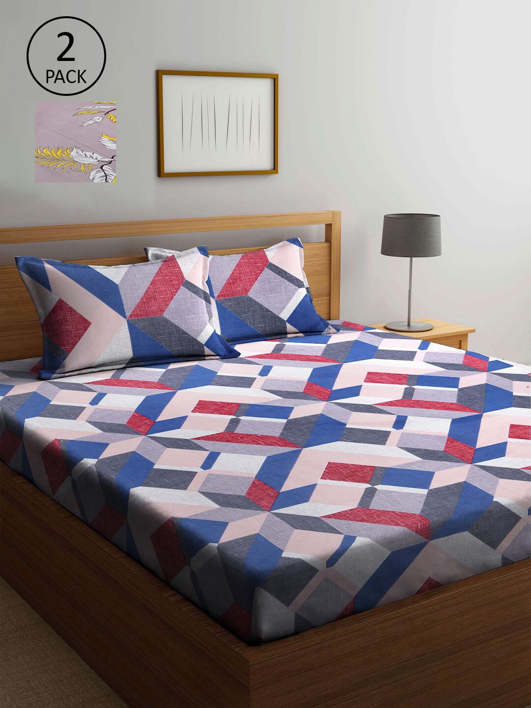 

KLOTTHE Blue & Pink Geometric 210 TC 2 King Bedsheet with 4 Pillow Covers