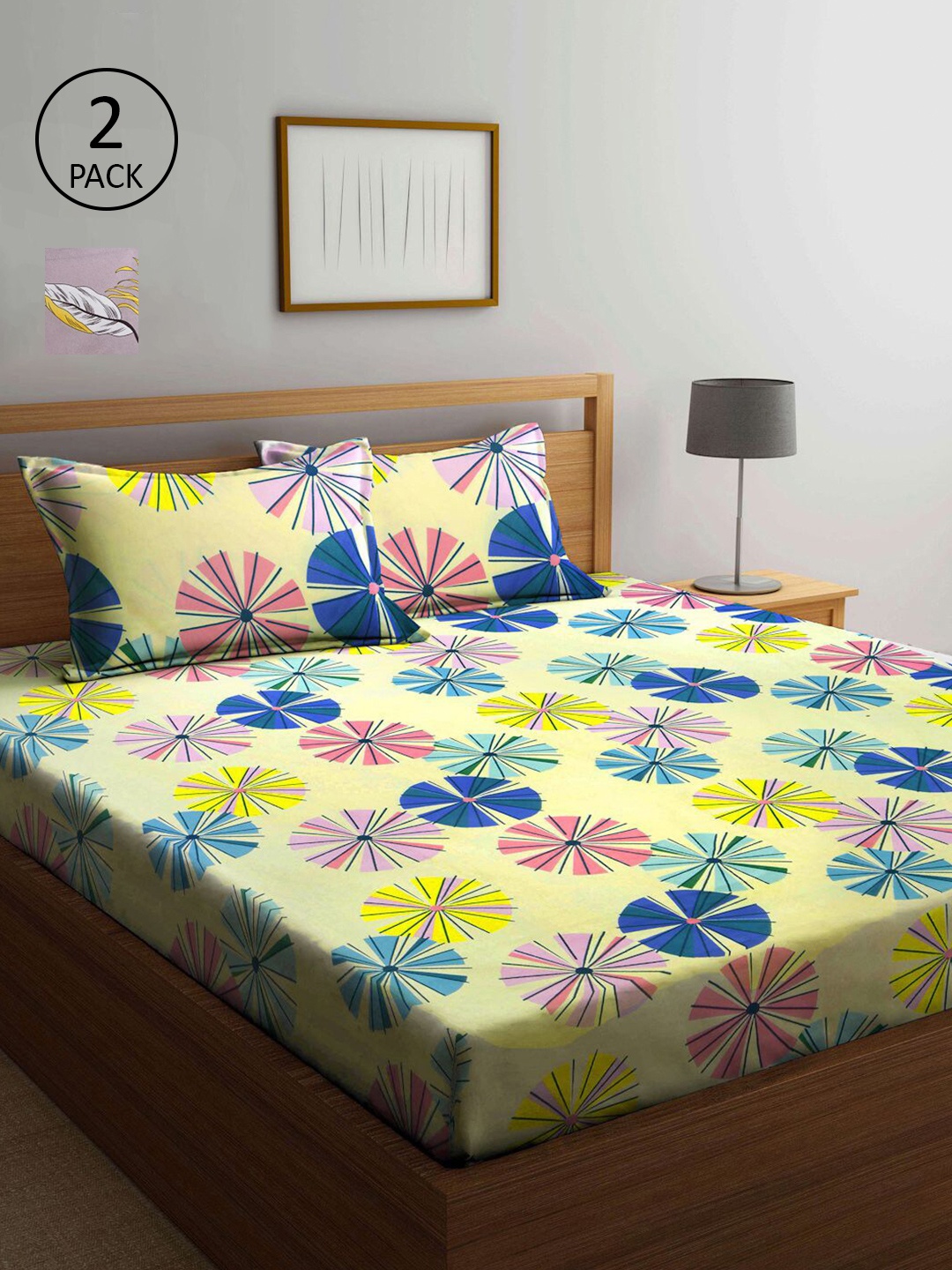 

KLOTTHE Yellow & Mauve Floral 210 TC 2 King Bedsheet with 4 Pillow Covers