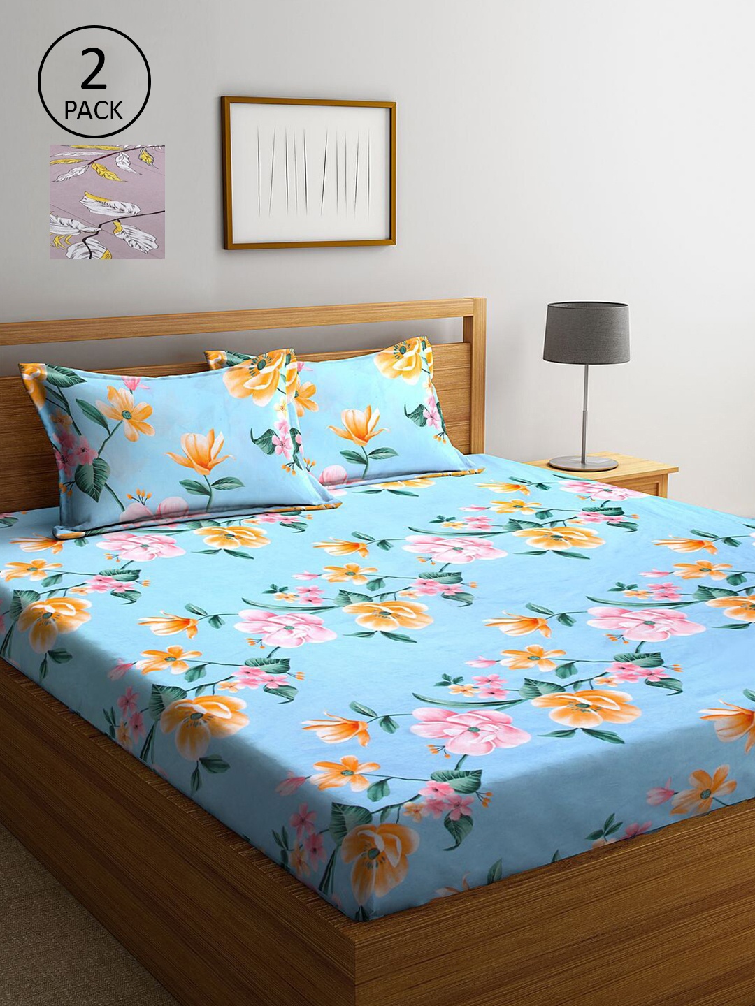 

KLOTTHE Blue & Purple Floral 210 TC 2 King Bedsheet with 4 Pillow Covers