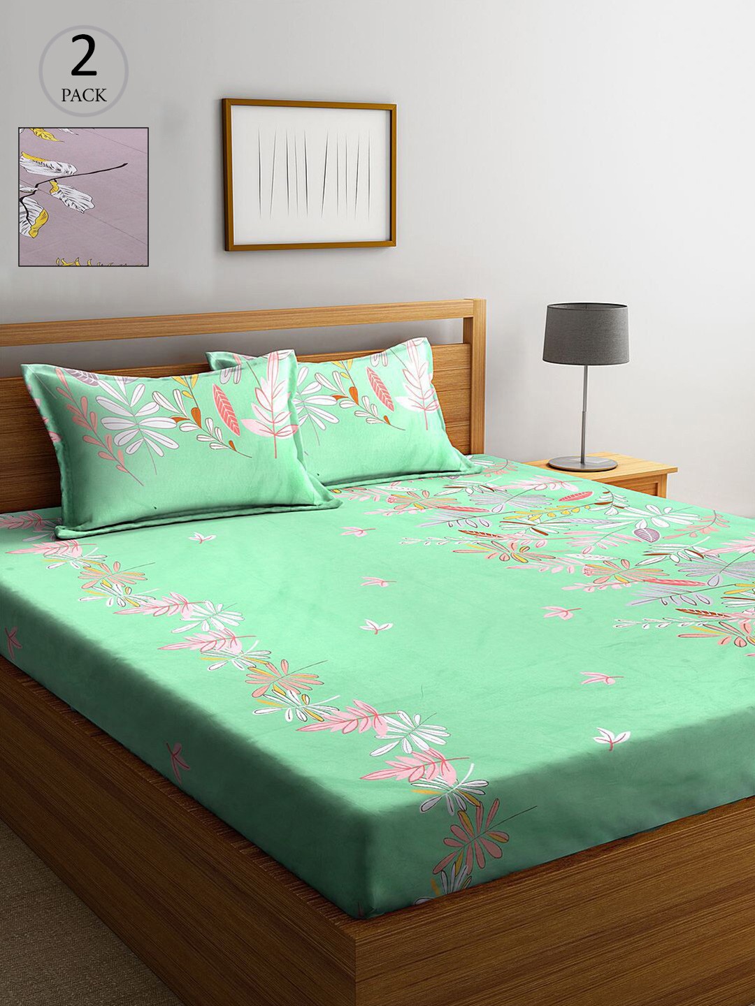 

KLOTTHE Green & Mauve Floral 210 TC 2 King Bedsheet with 4 Pillow Covers