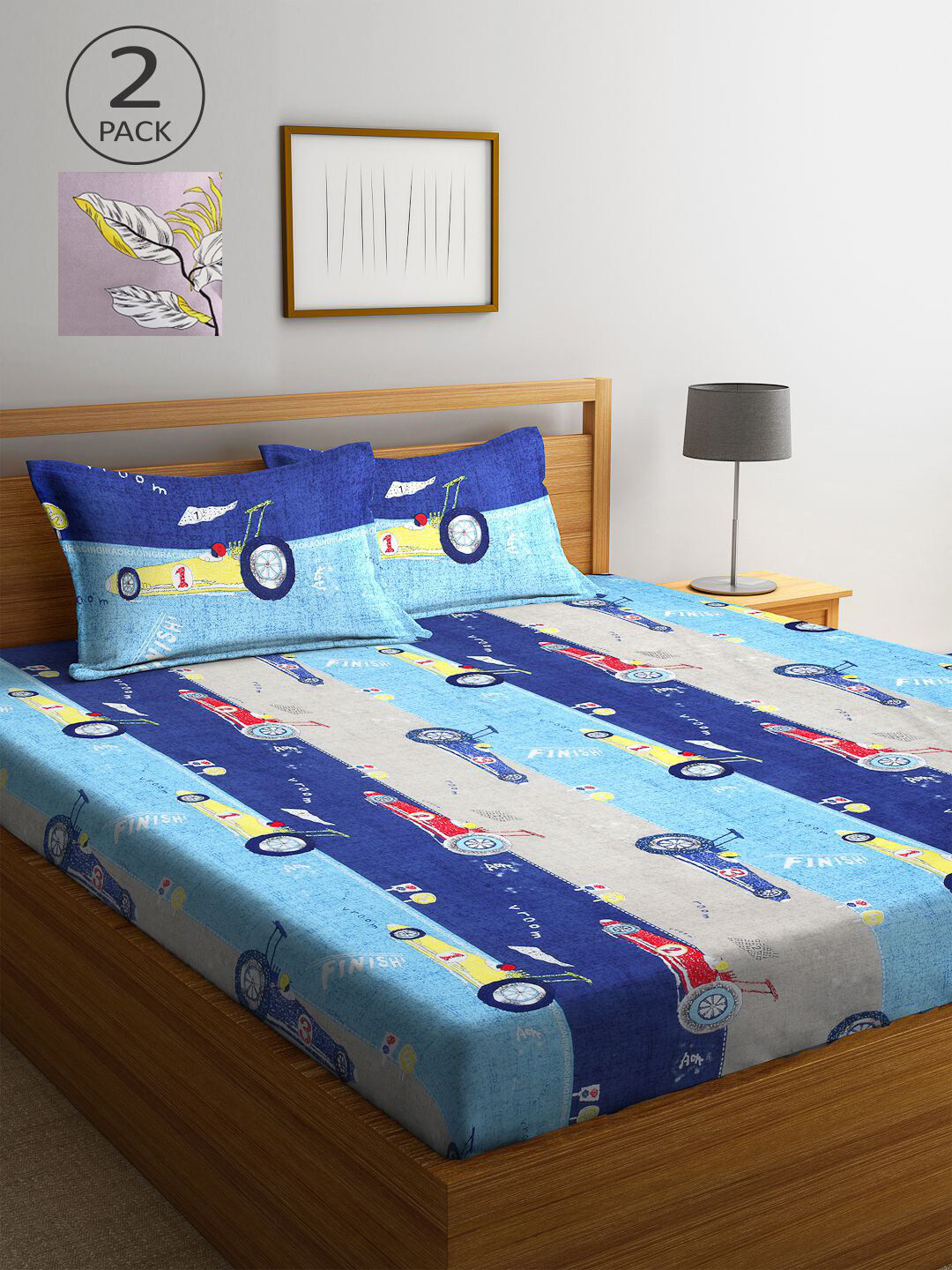 

KLOTTHE Blue & White Cartoon Characters 210 TC 2 King Bedsheet with 4 Pillow Covers
