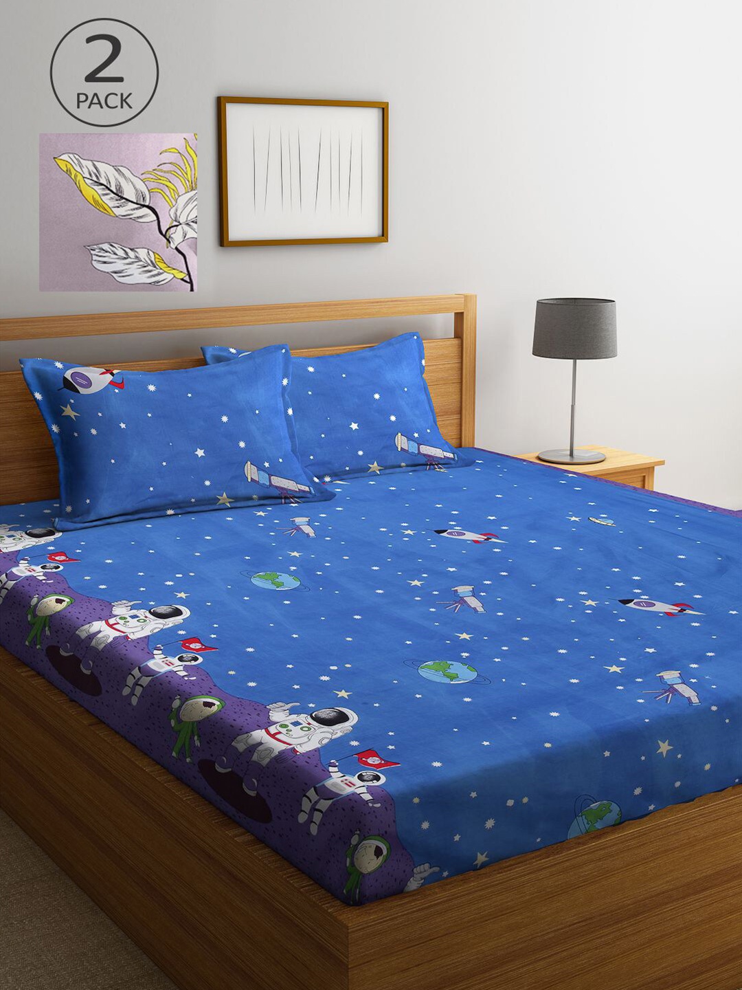 

KLOTTHE Blue & Purple Cartoon Characters 210 TC 2 King Bedsheet with 4 Pillow Covers