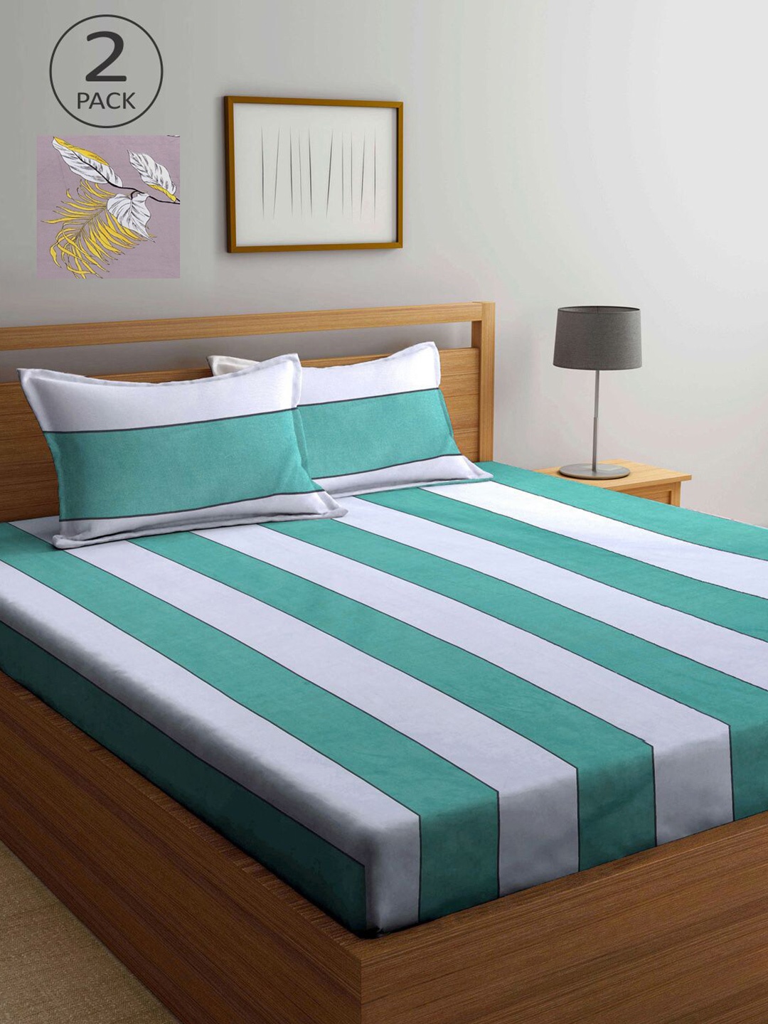 

KLOTTHE White & Green Striped 210 TC 2 King Bedsheet with 4 Pillow Covers