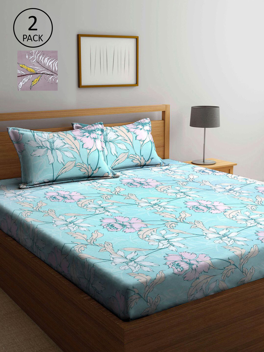 

KLOTTHE Blue & Mauve Floral 210 TC 2 King Bedsheet with 4 Pillow Covers