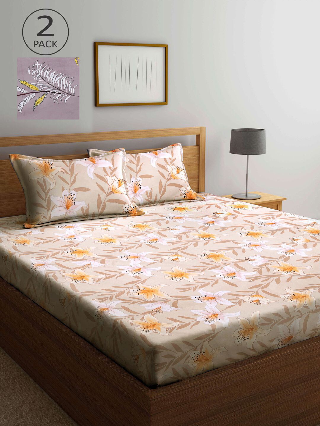 

KLOTTHE Beige & Purple Floral 210 TC 2 King Bedsheet with 4 Pillow Covers